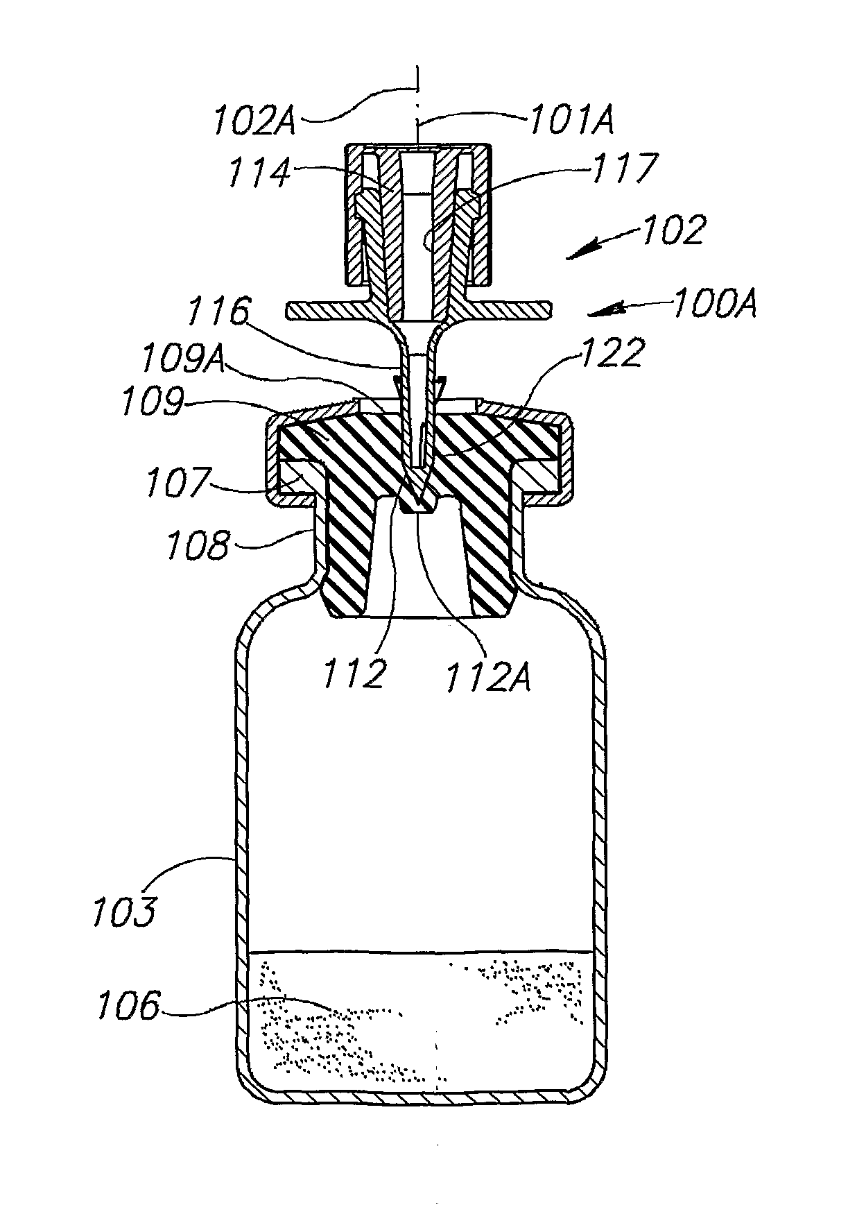 Vial assemblage with vial and pre-attached fluid transfer device