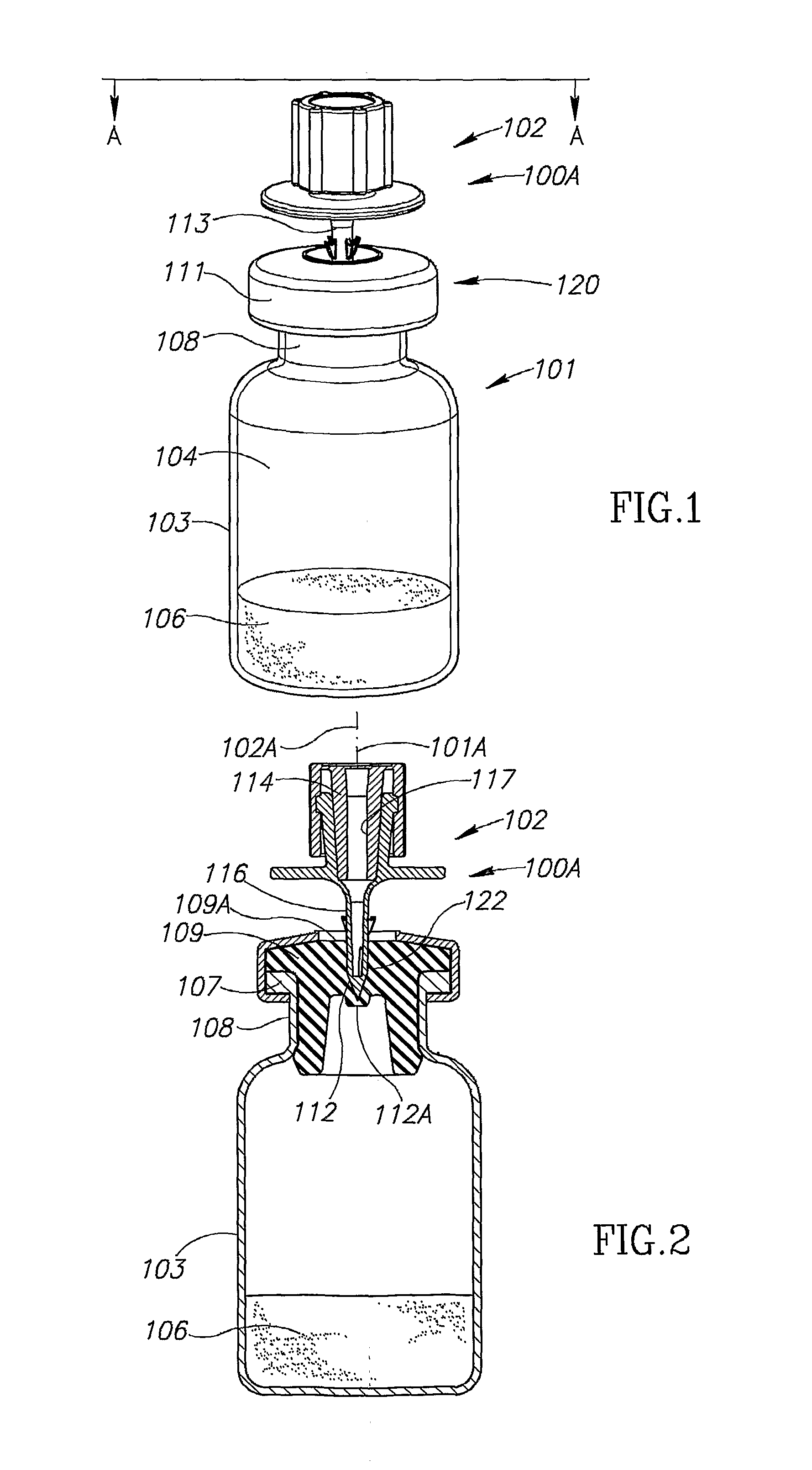 Vial assemblage with vial and pre-attached fluid transfer device