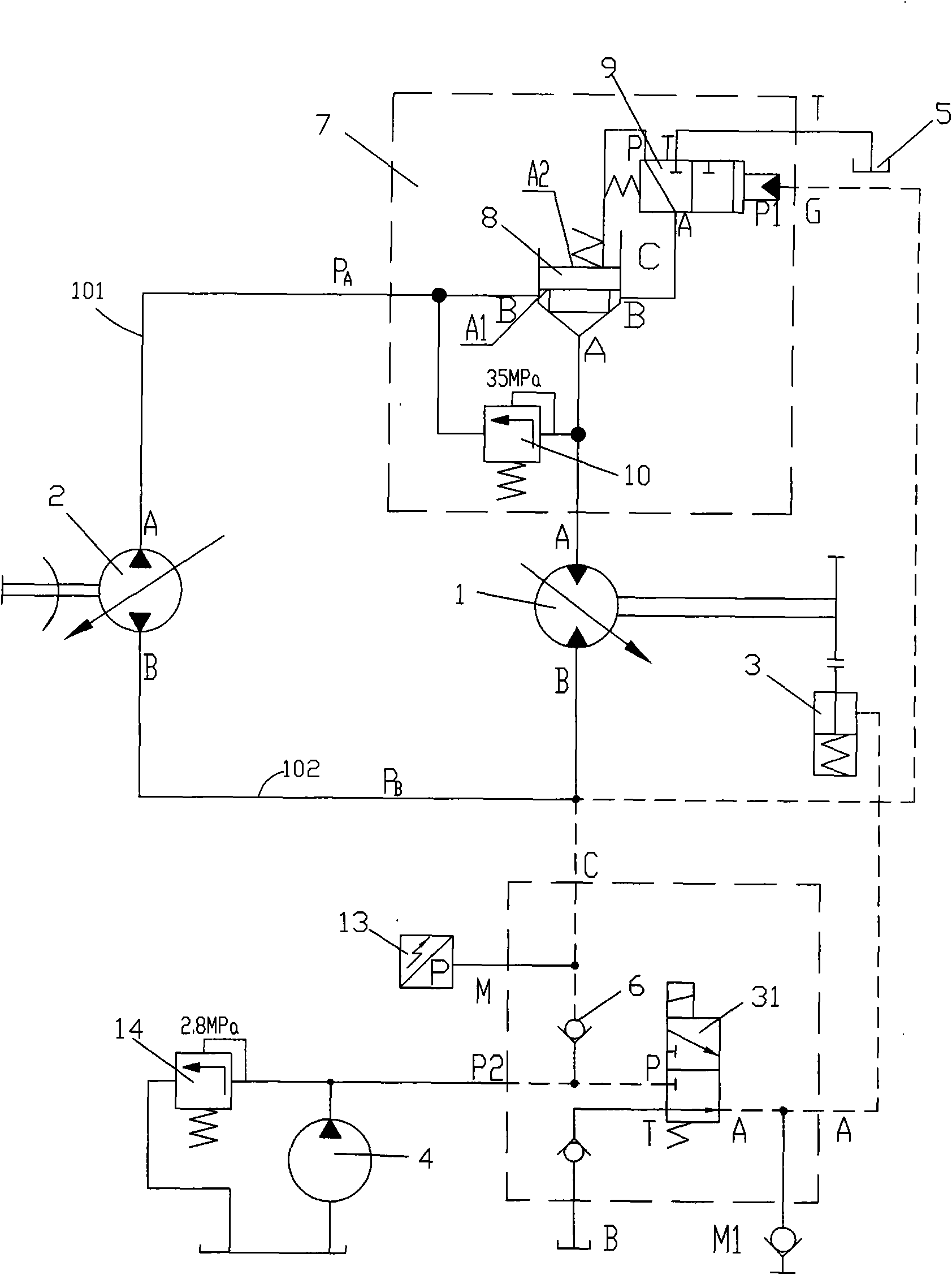 Hoist motor closed type hydraulic system for preventing pipelines from bursting and control method thereof