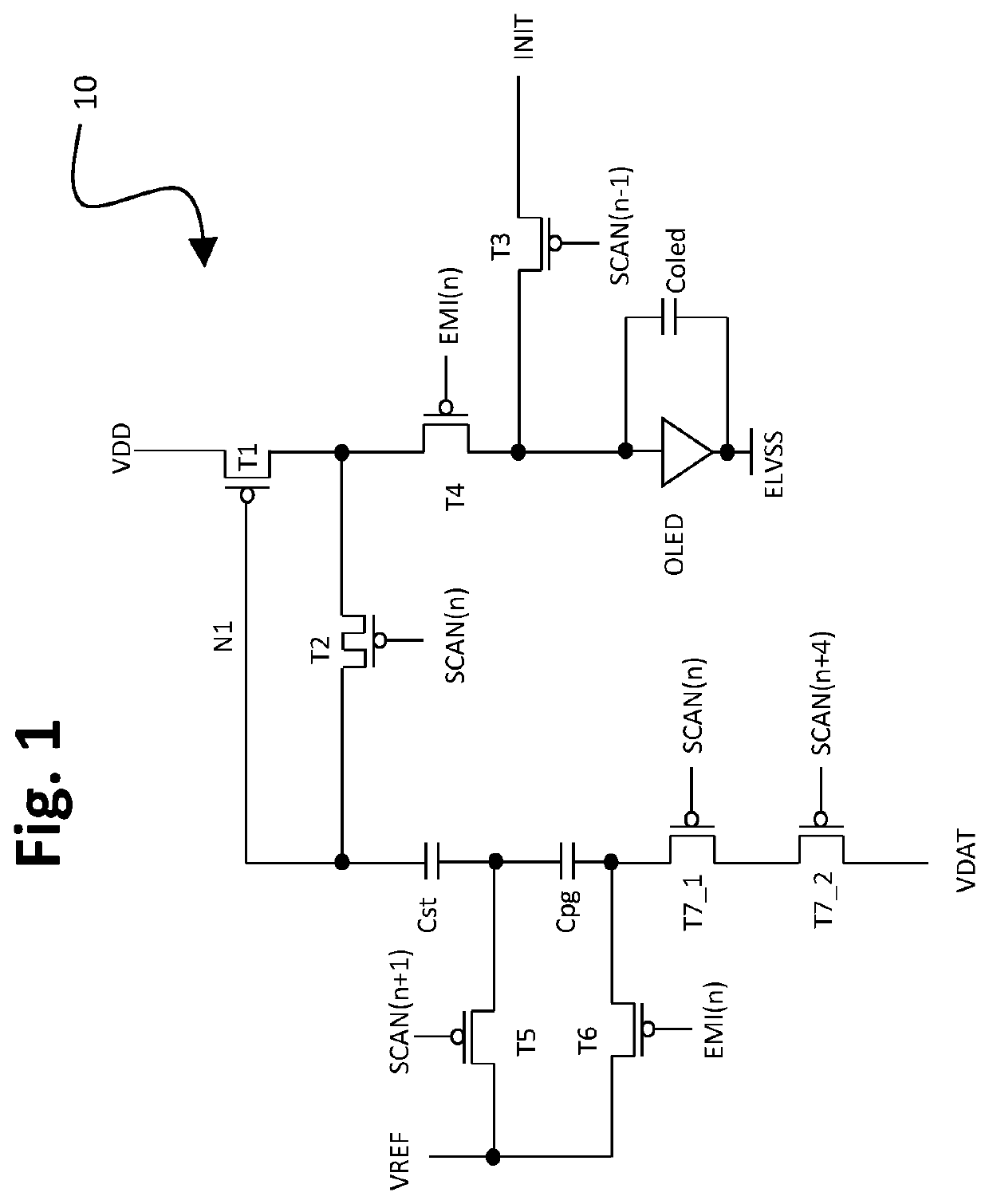 TFT pixel threshold voltage compensation circuit with short one horizontal time