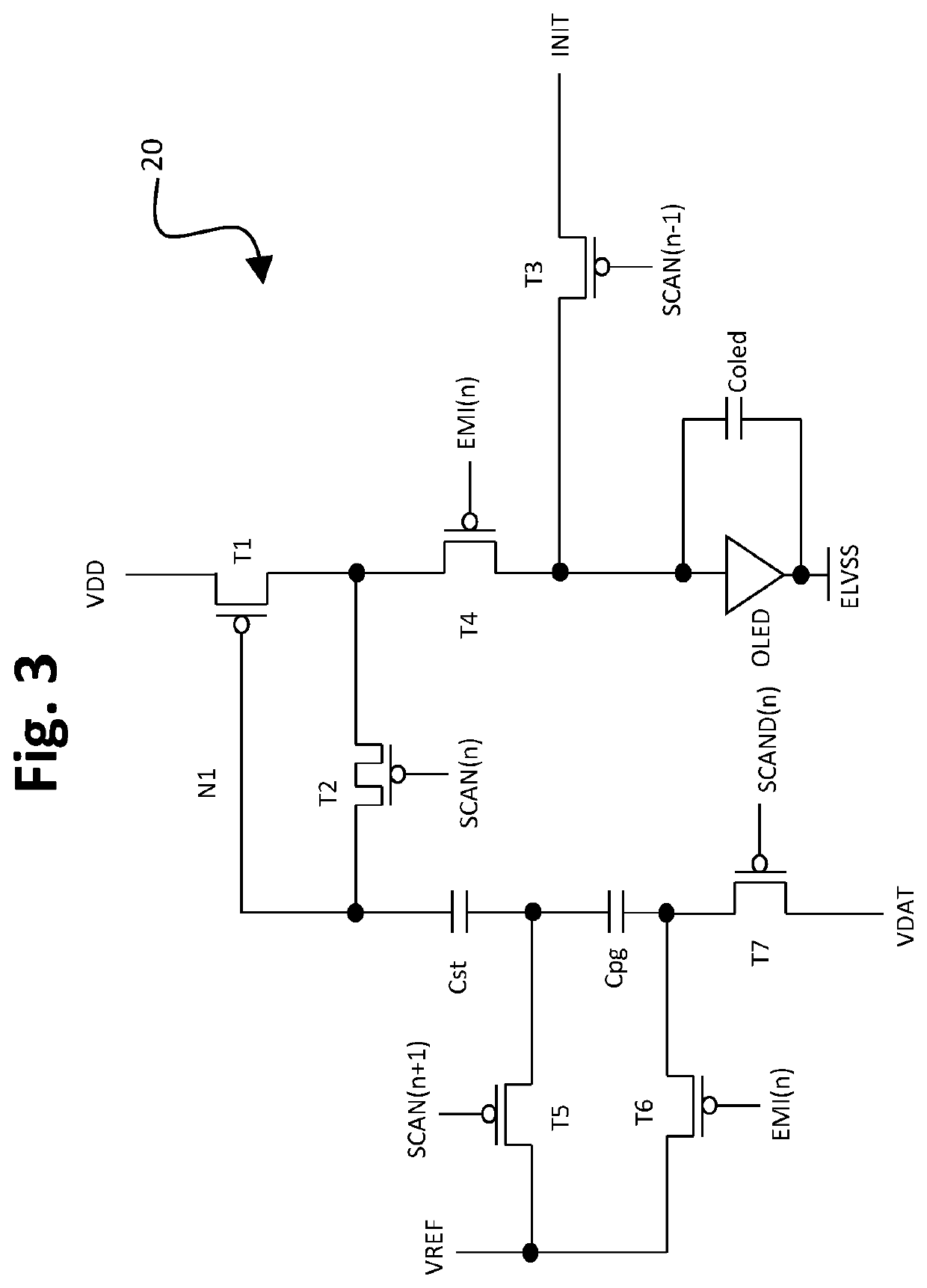 TFT pixel threshold voltage compensation circuit with short one horizontal time