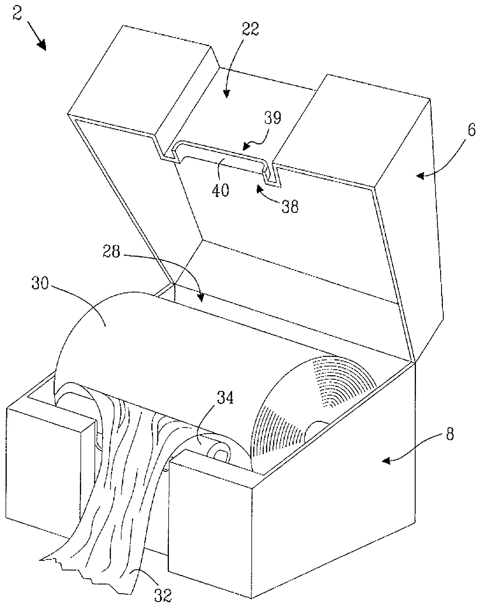 A dispenser for absorbent paper tissue or nonwoven material