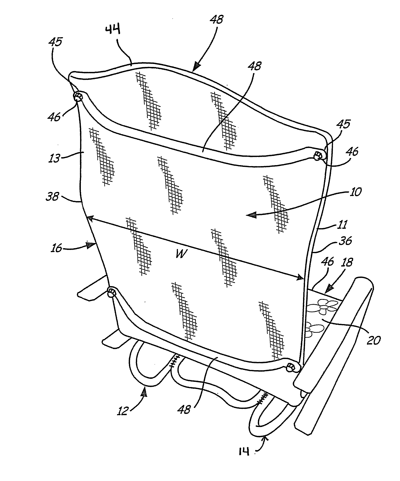 Sling chair construction having non-weight bearing material and method of constructing same