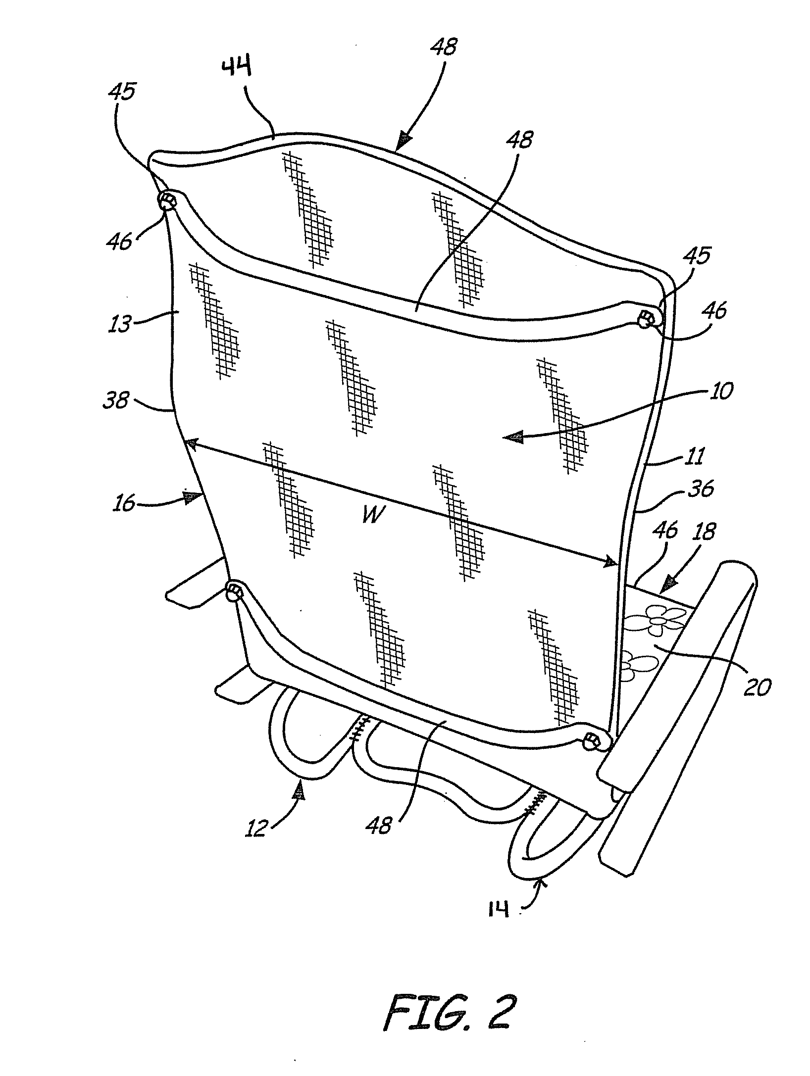 Sling chair construction having non-weight bearing material and method of constructing same