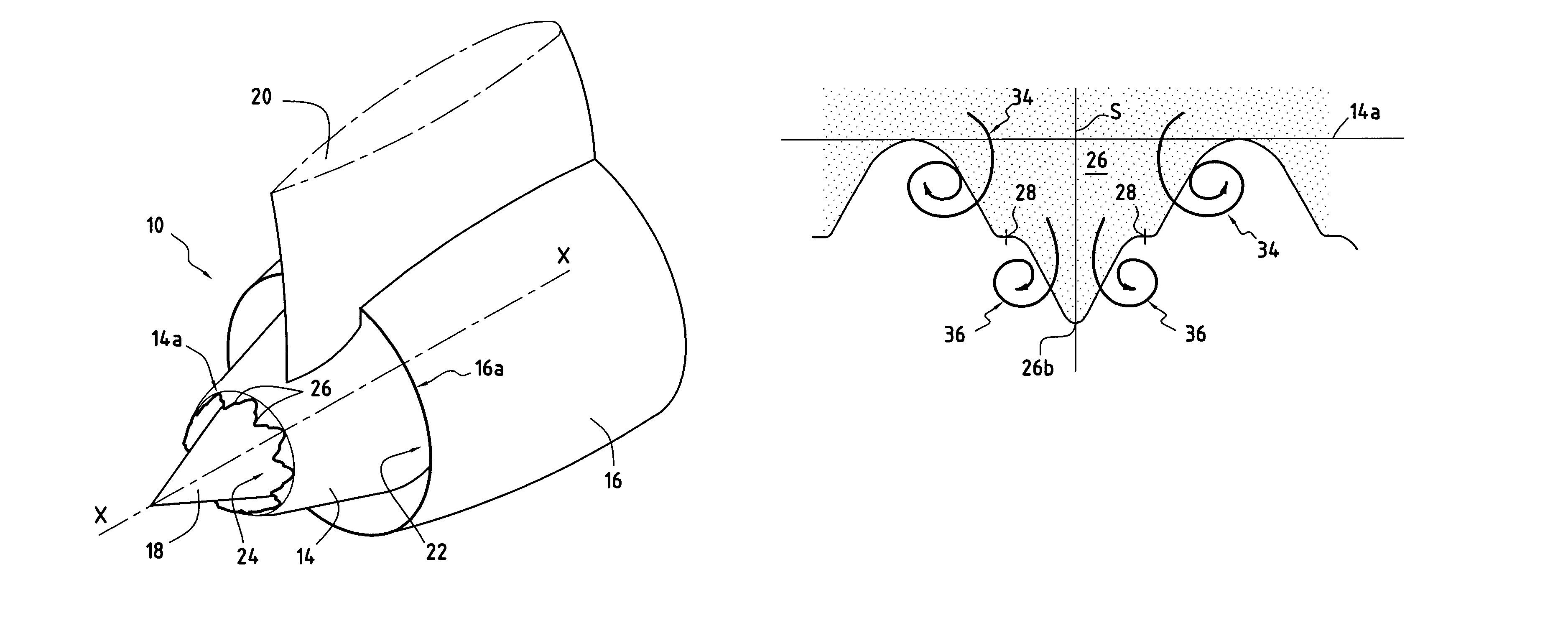 Turbomachine nozzle cover provided with triangular patterns having a point of inflexion for reducing jet noise