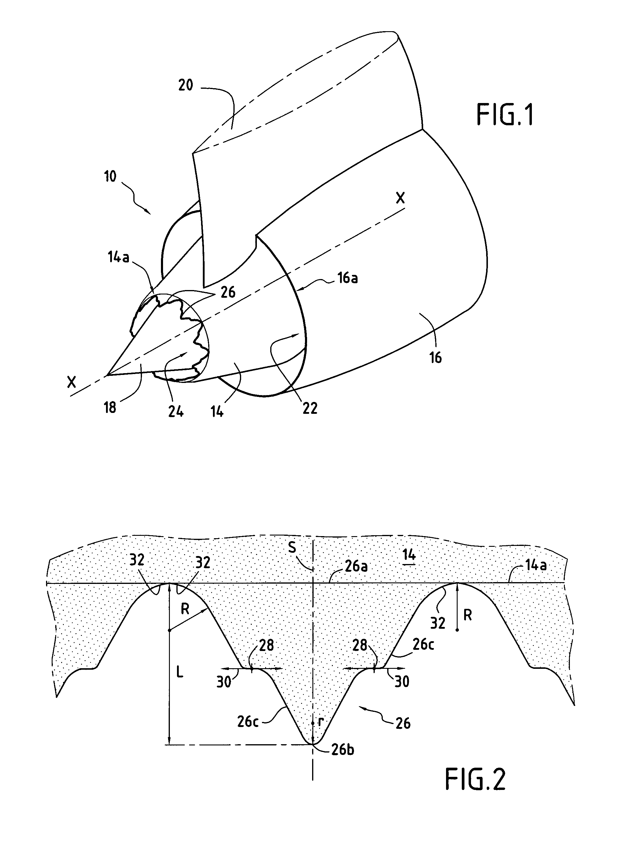 Turbomachine nozzle cover provided with triangular patterns having a point of inflexion for reducing jet noise