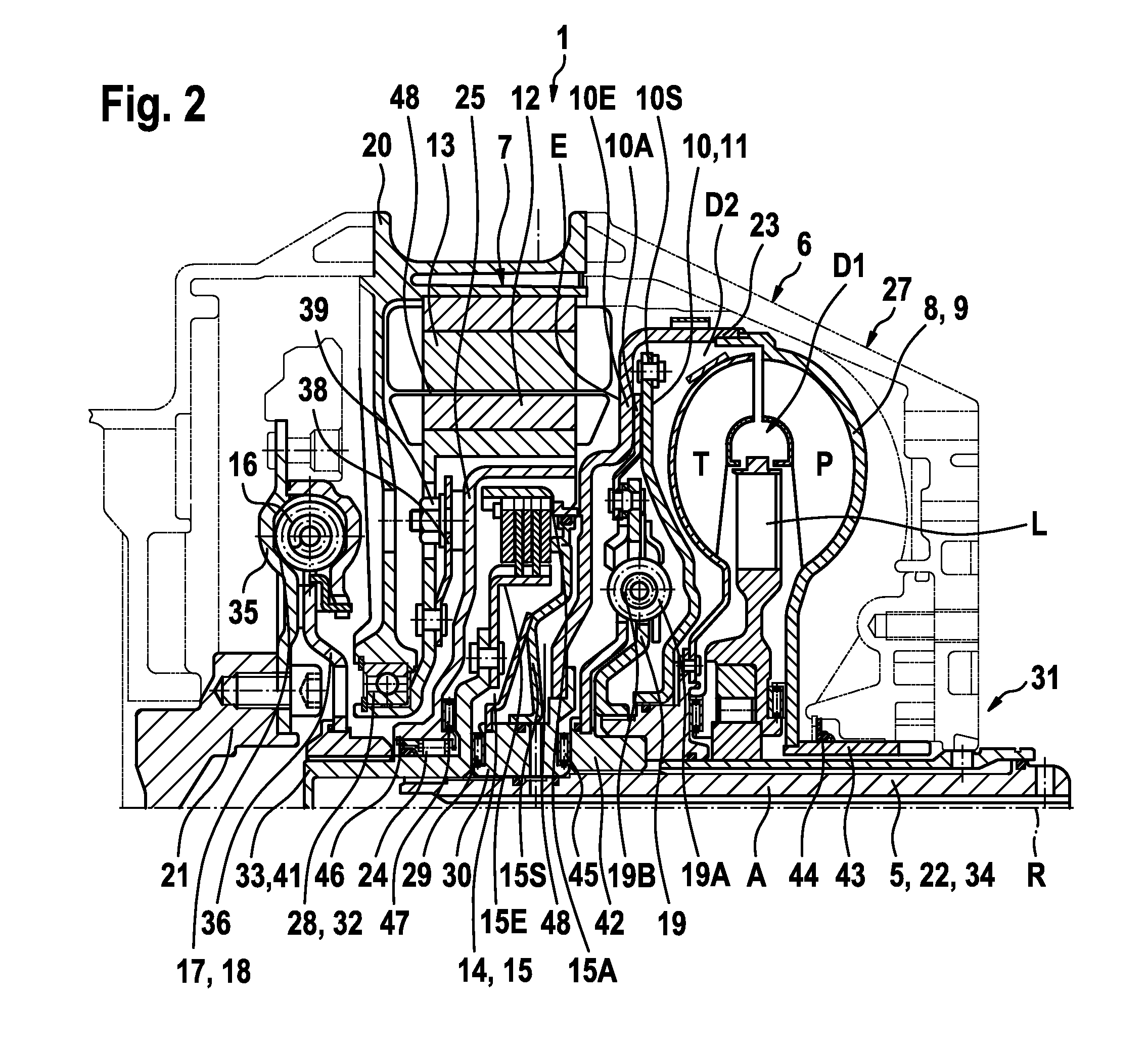 Combined power transmission and drive unit for use in hybrid systems and a hybrid system