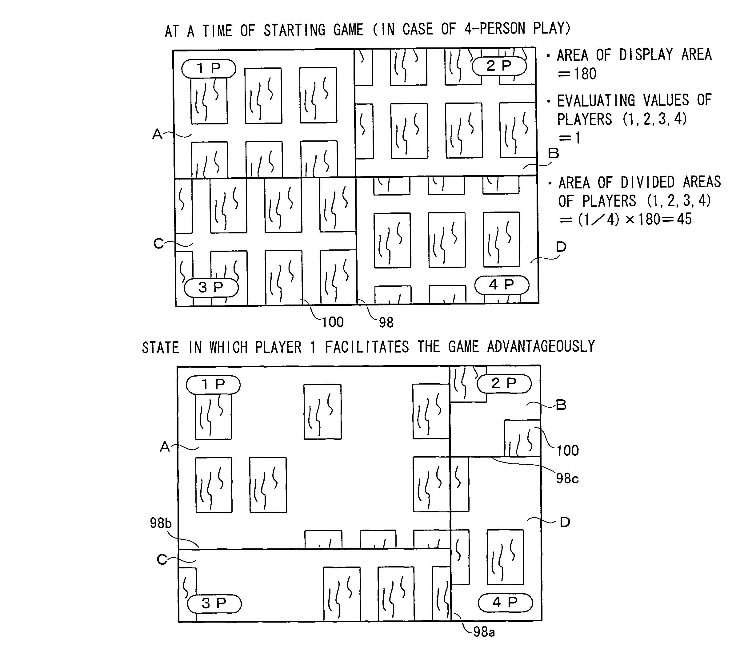 Game apparatus, game system, and storing medium storing game program in which display is divided between players