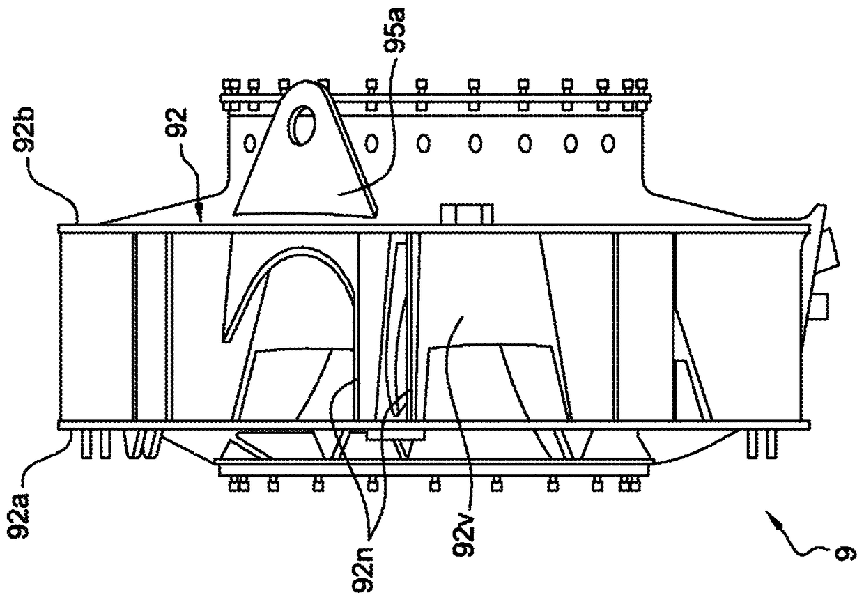 Turbojet engine with thrust take-up means on the inter-compressor case