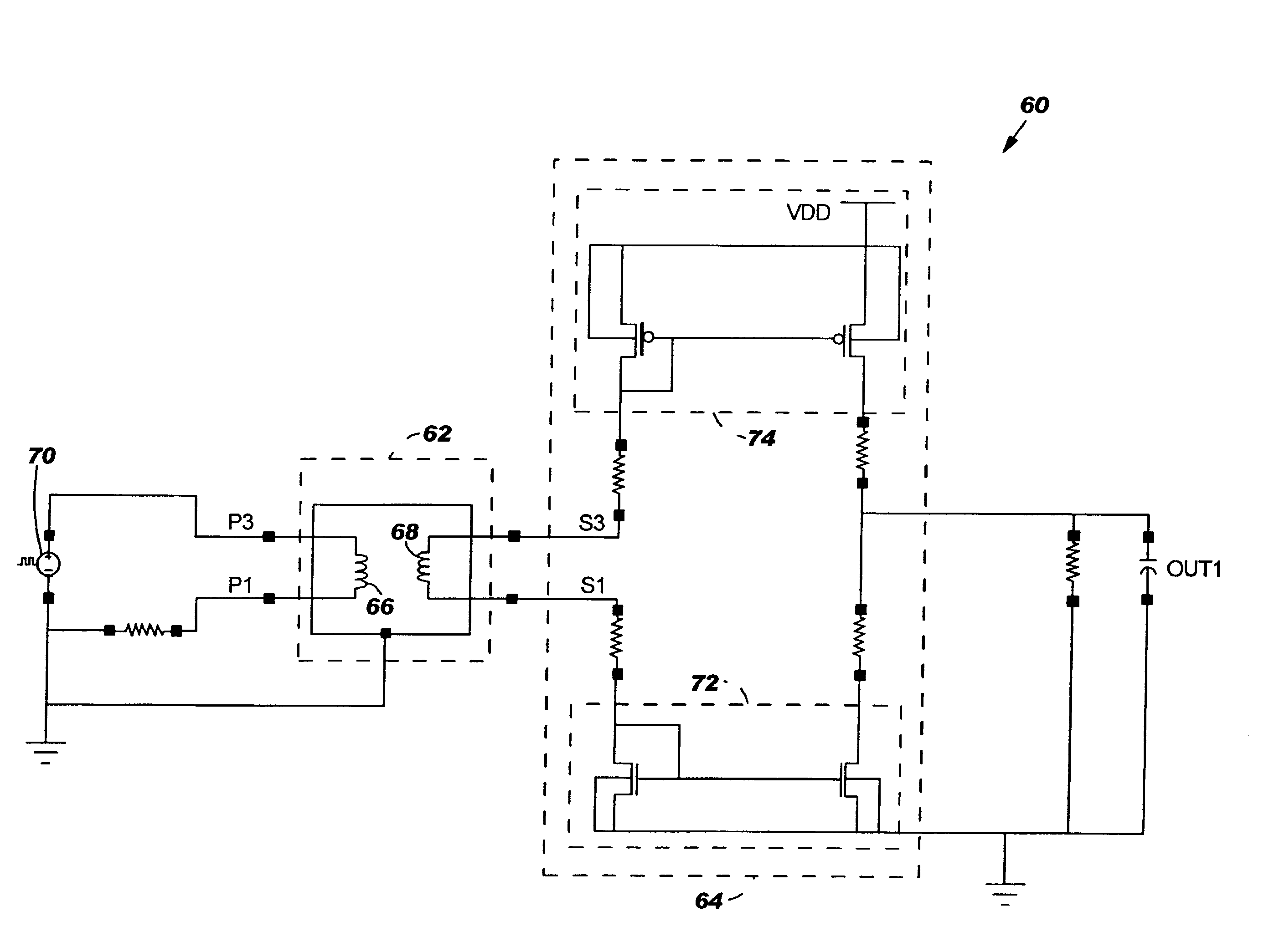 Integrated circuit and method for interfacing two voltage domains using a transformer