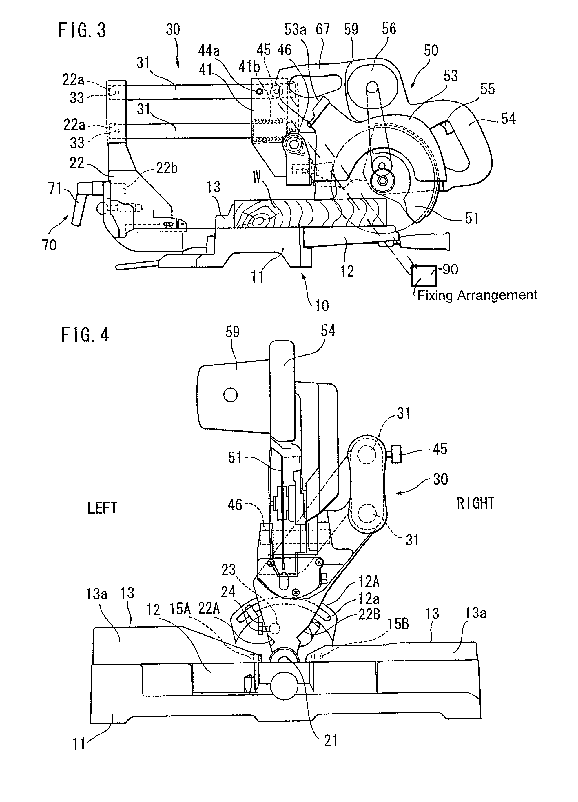 Miter saw having circular saw blade section pivotally movable upward and downward and tiltable leftward and rightward