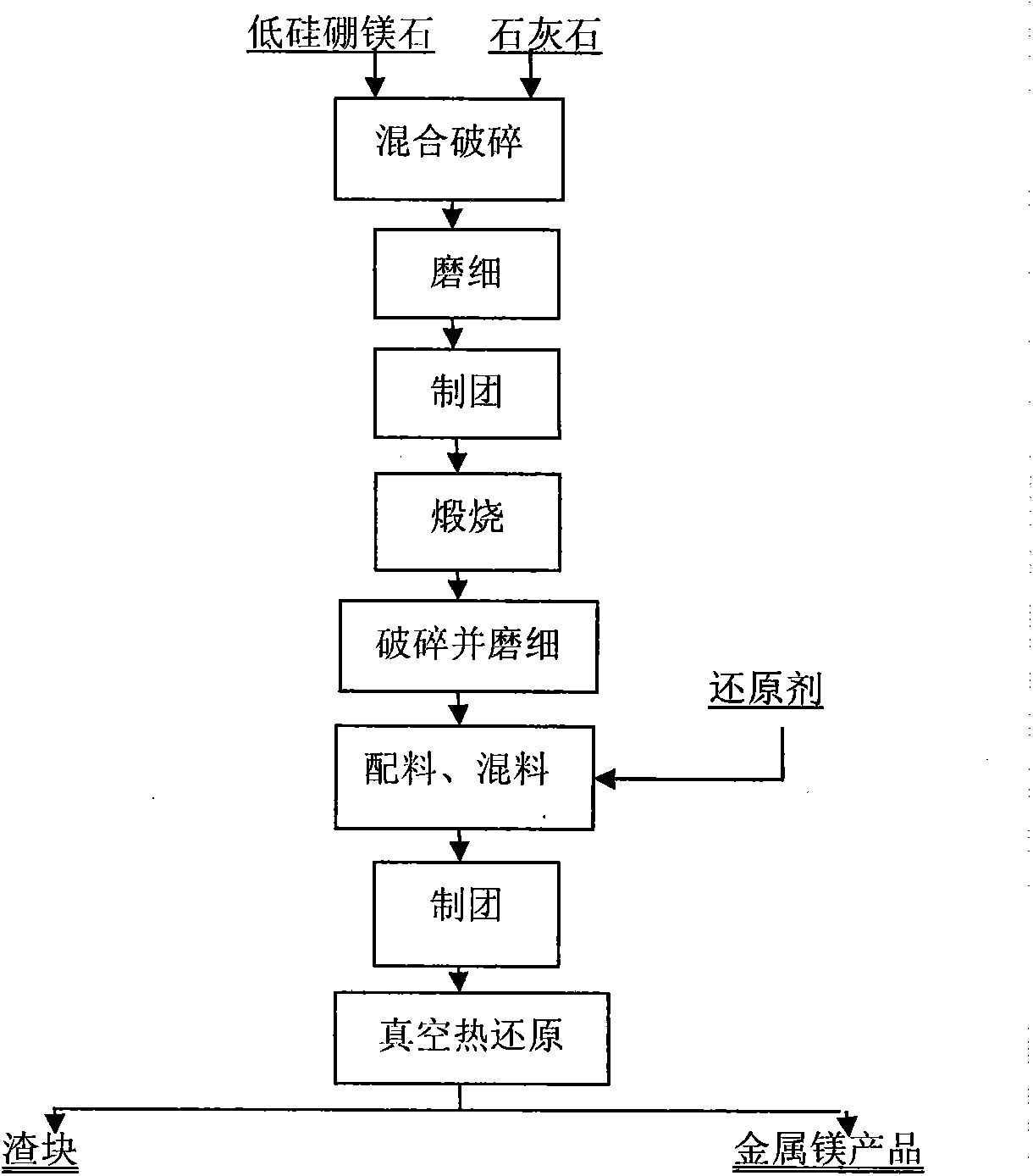 Method for preparing metal magnesium and boron-enriched material from ascharite serving as raw material by vacuum thermal reduction method