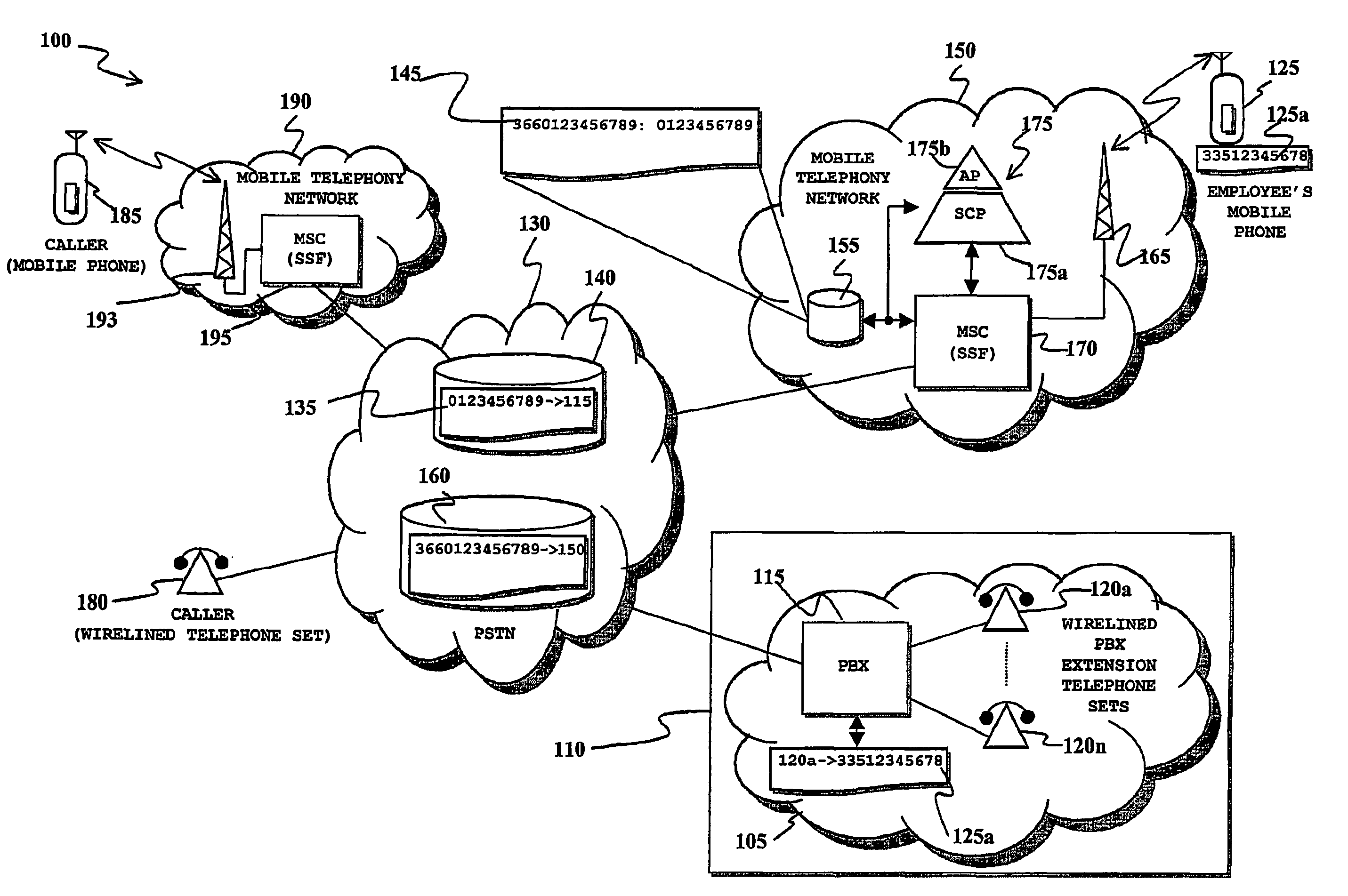 Method and system for call forwarding between a wireless switching apparatus and a fixed telephony network using a virtual number