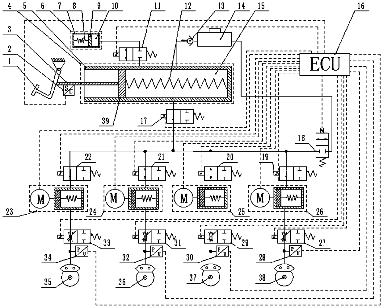 Brake-by-wire hydraulic braking system with four-wheel pressure independent control and braking control method thereof