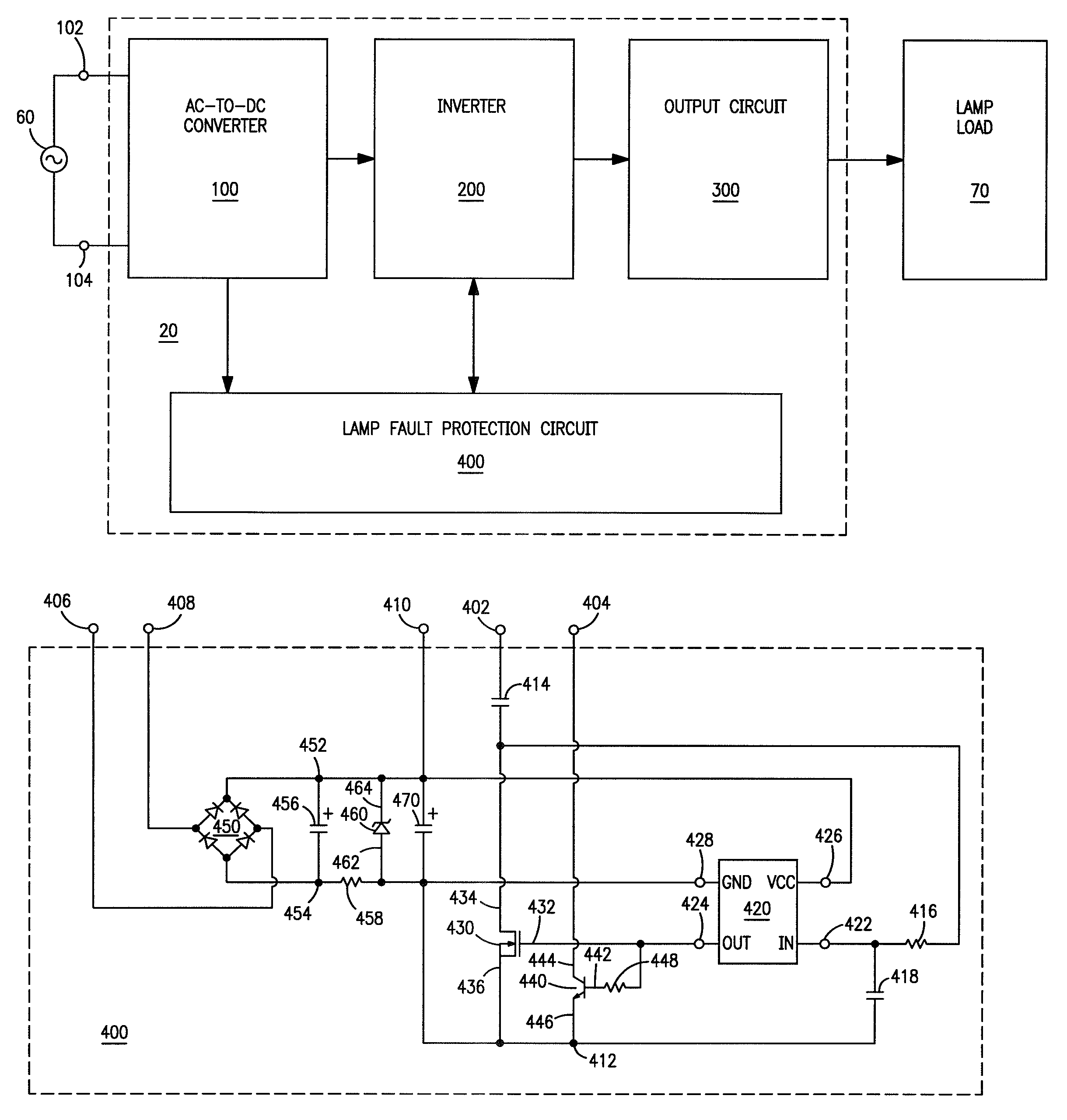 Ballast with frequency-diagnostic lamp fault protection circuit