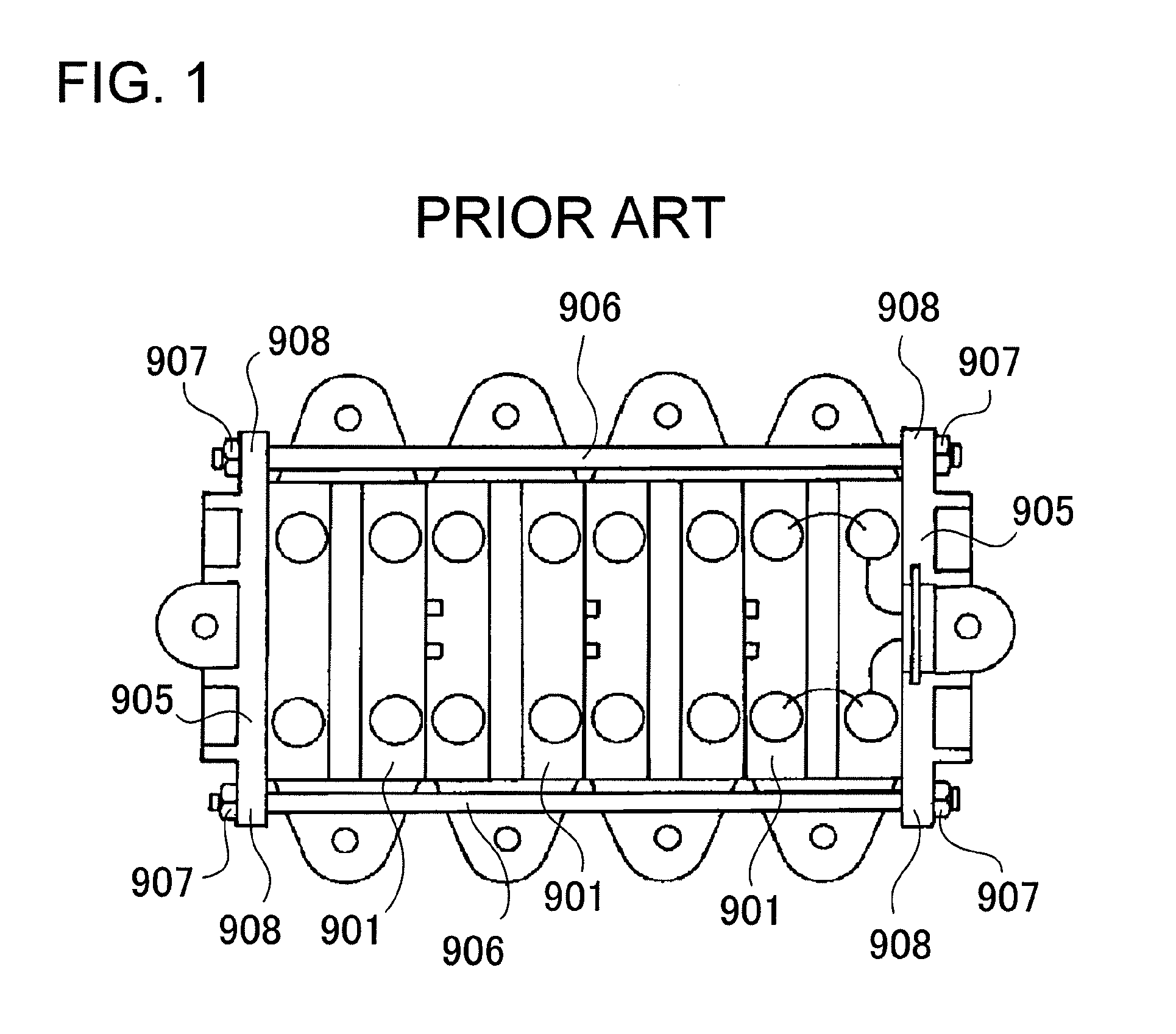 Battery system with battery cells held in a stack by metal bands