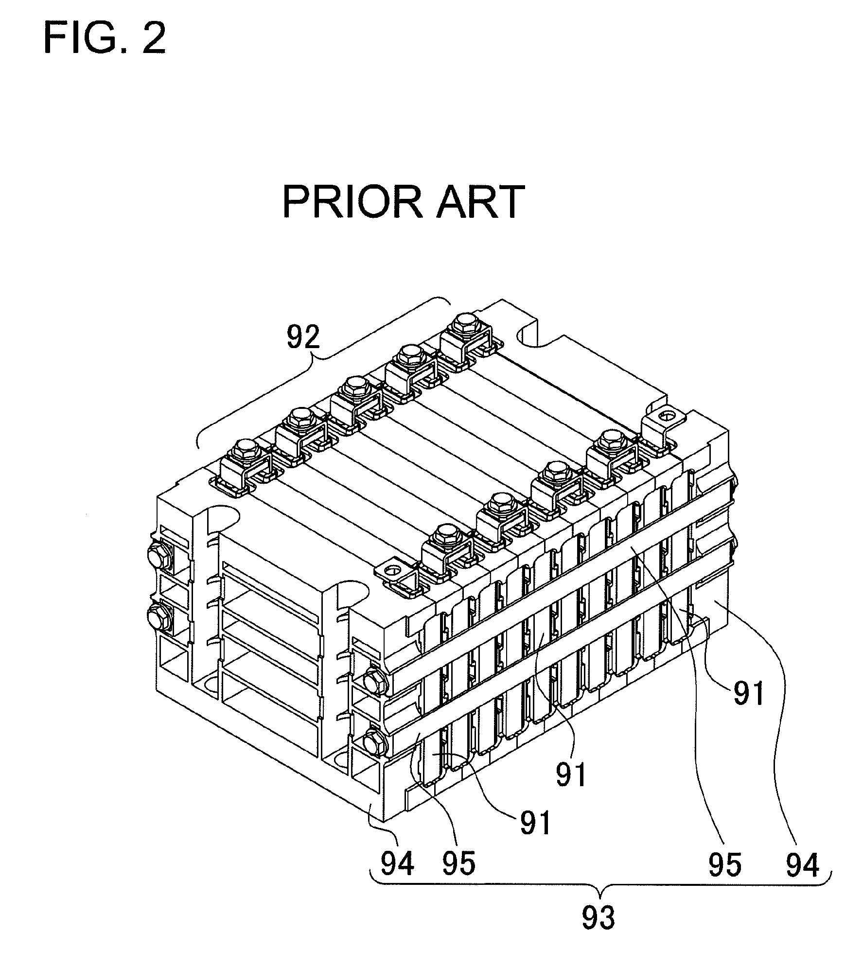 Battery system with battery cells held in a stack by metal bands