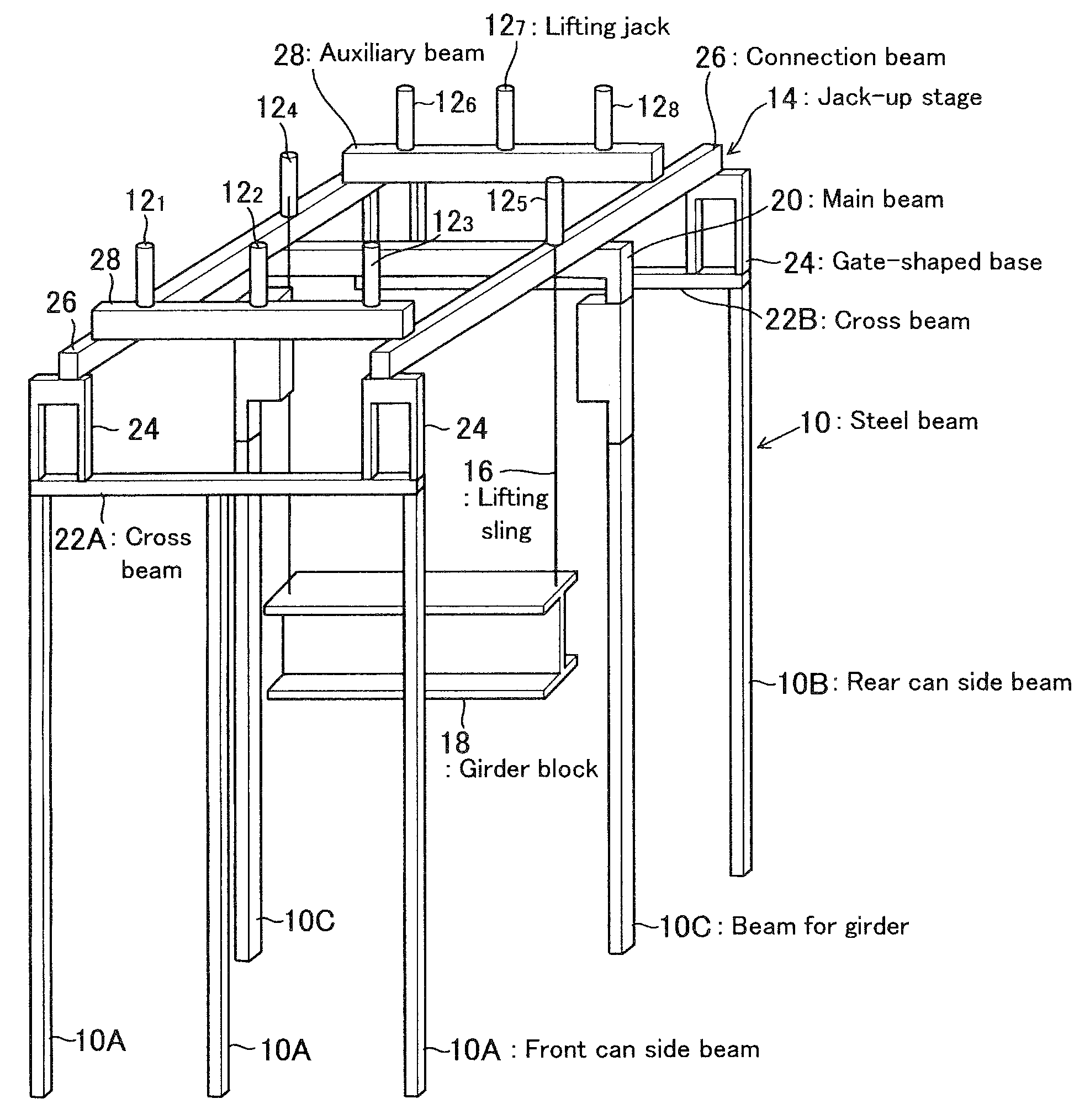 Girder block lifting method and jack-up stage used therefor