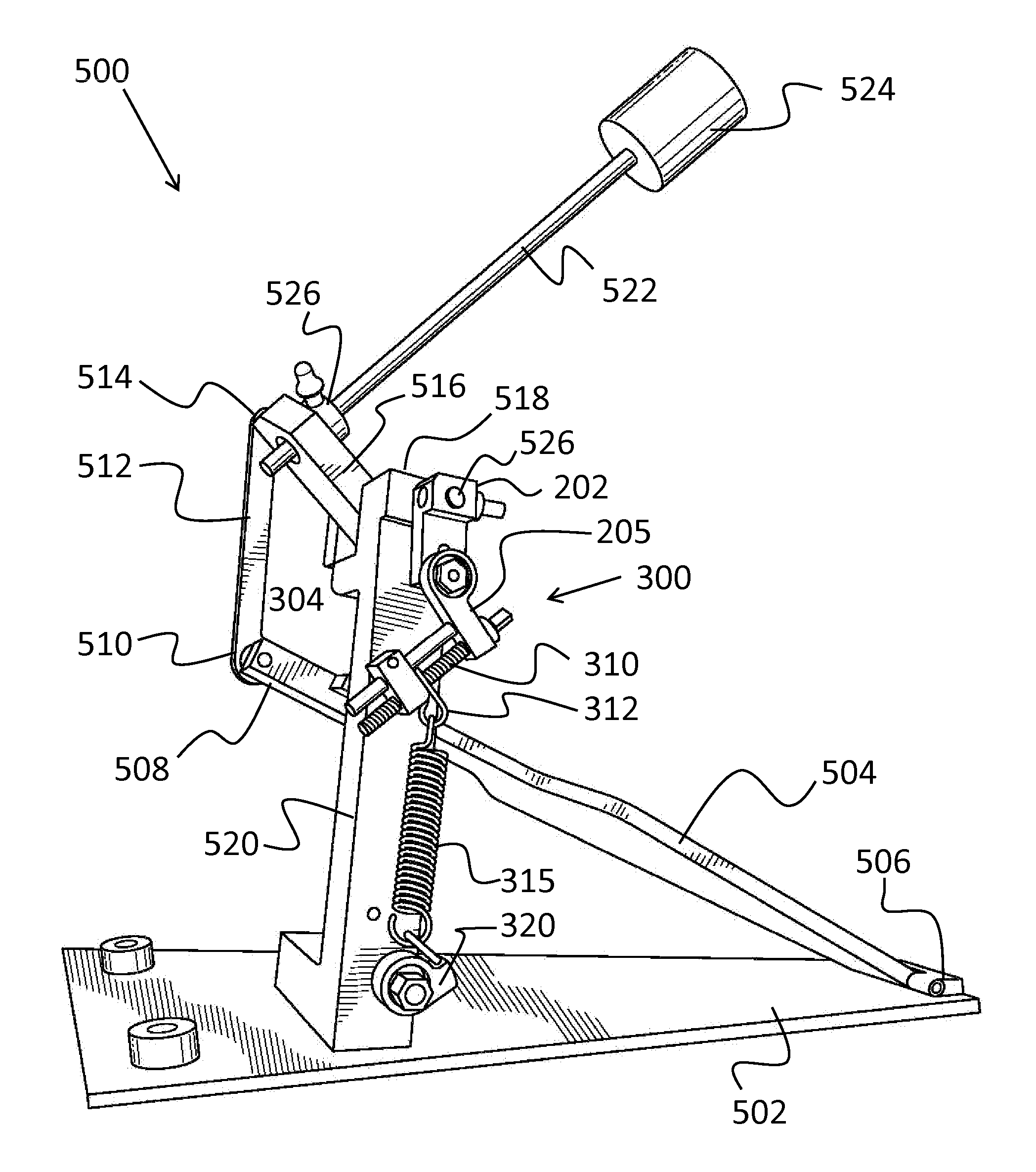 Topside spring tension adjuster for bass drum pedals with variable pivot point spring rotor