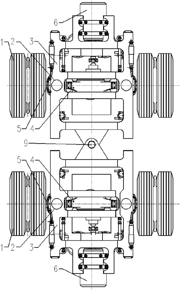 Hinged railway vehicle bogie and railway vehicle