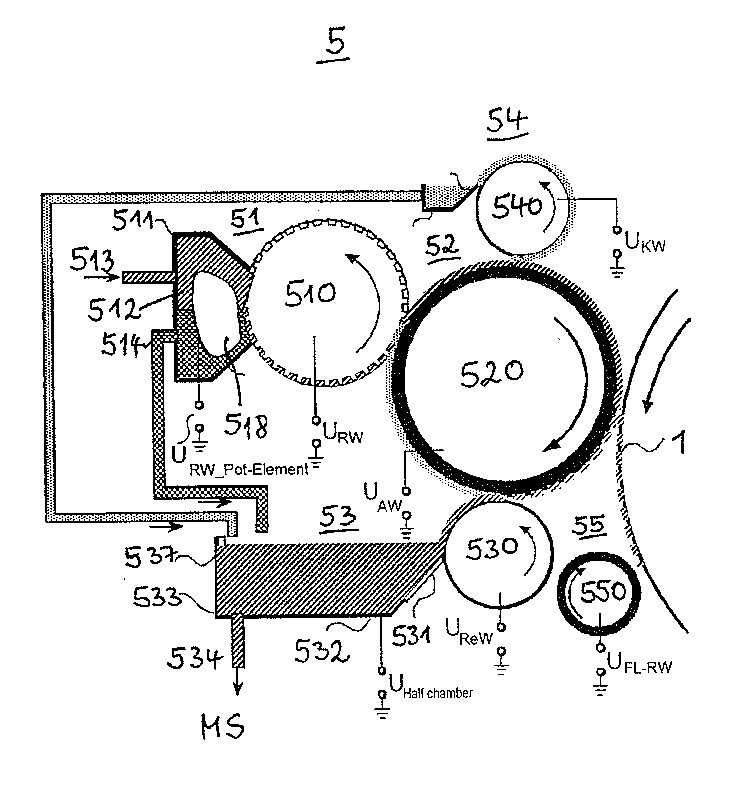 Device and method to develop potential images generated on an intermediate image carrier in an electrographic printing or copying device