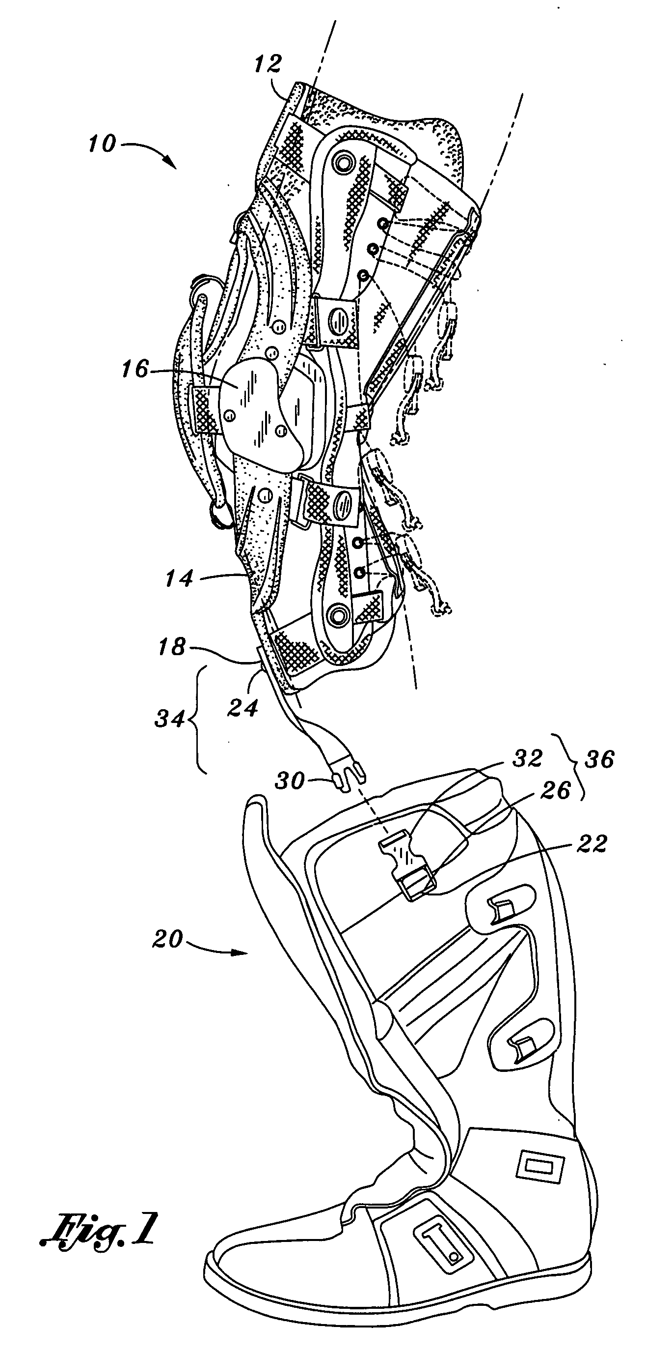 Tether member connecting a knee brace to a boot