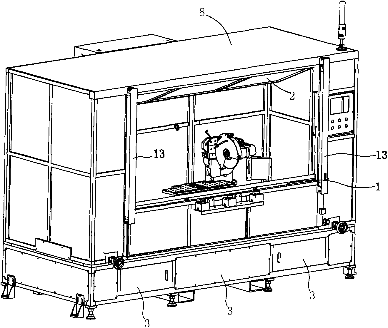 Protective door device and sealing strip sawing machine