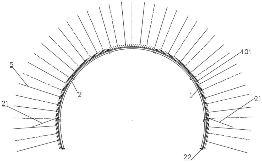 Supporting structure for tunnel without arch support passing through broken section of arch crown and construction method of supporting structure