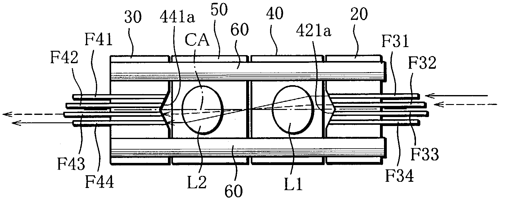 Optical module, and multi-core optical collimator and lens housing therefor