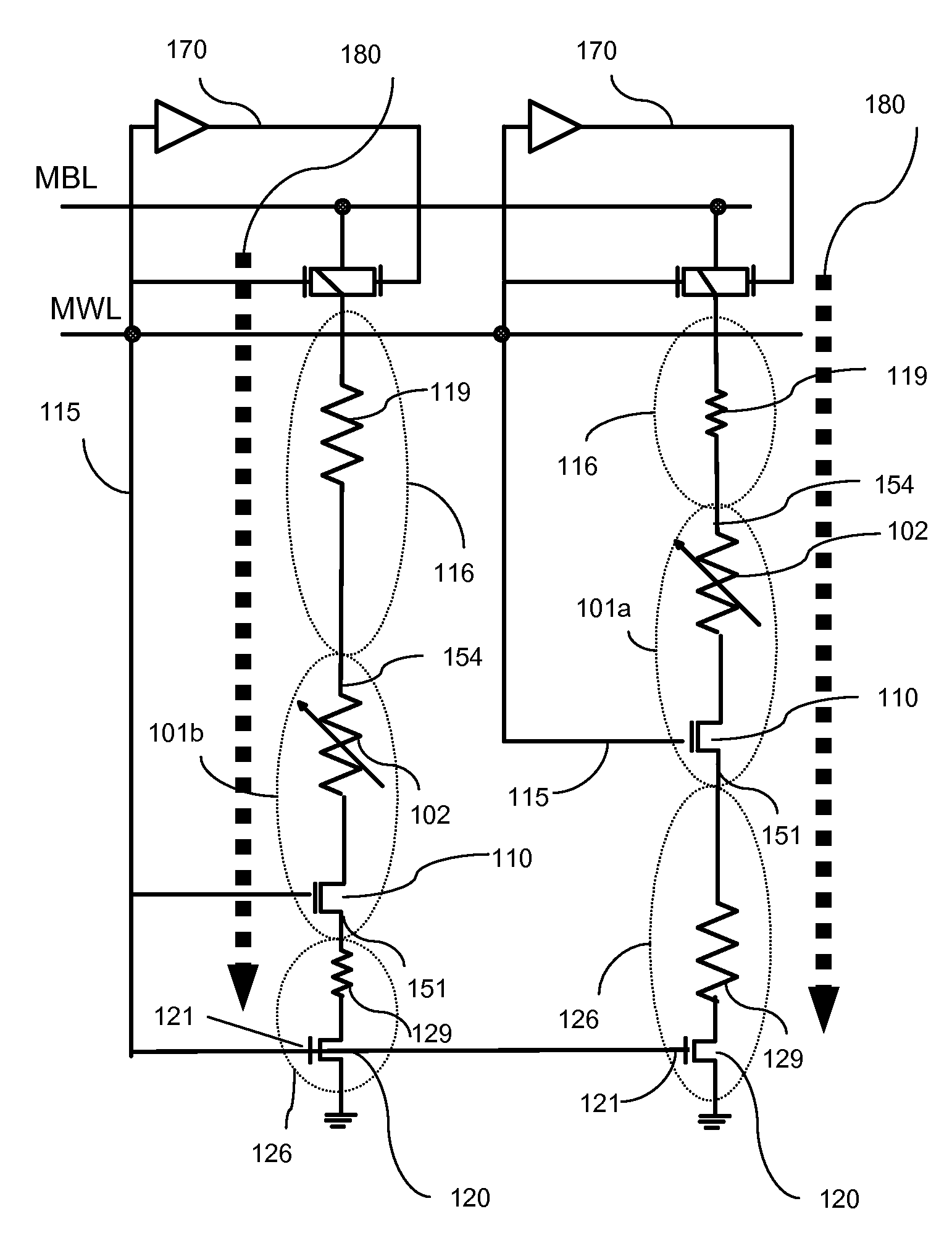 Balanced and bi-directional bit line paths for memory arrays with programmable memory cells