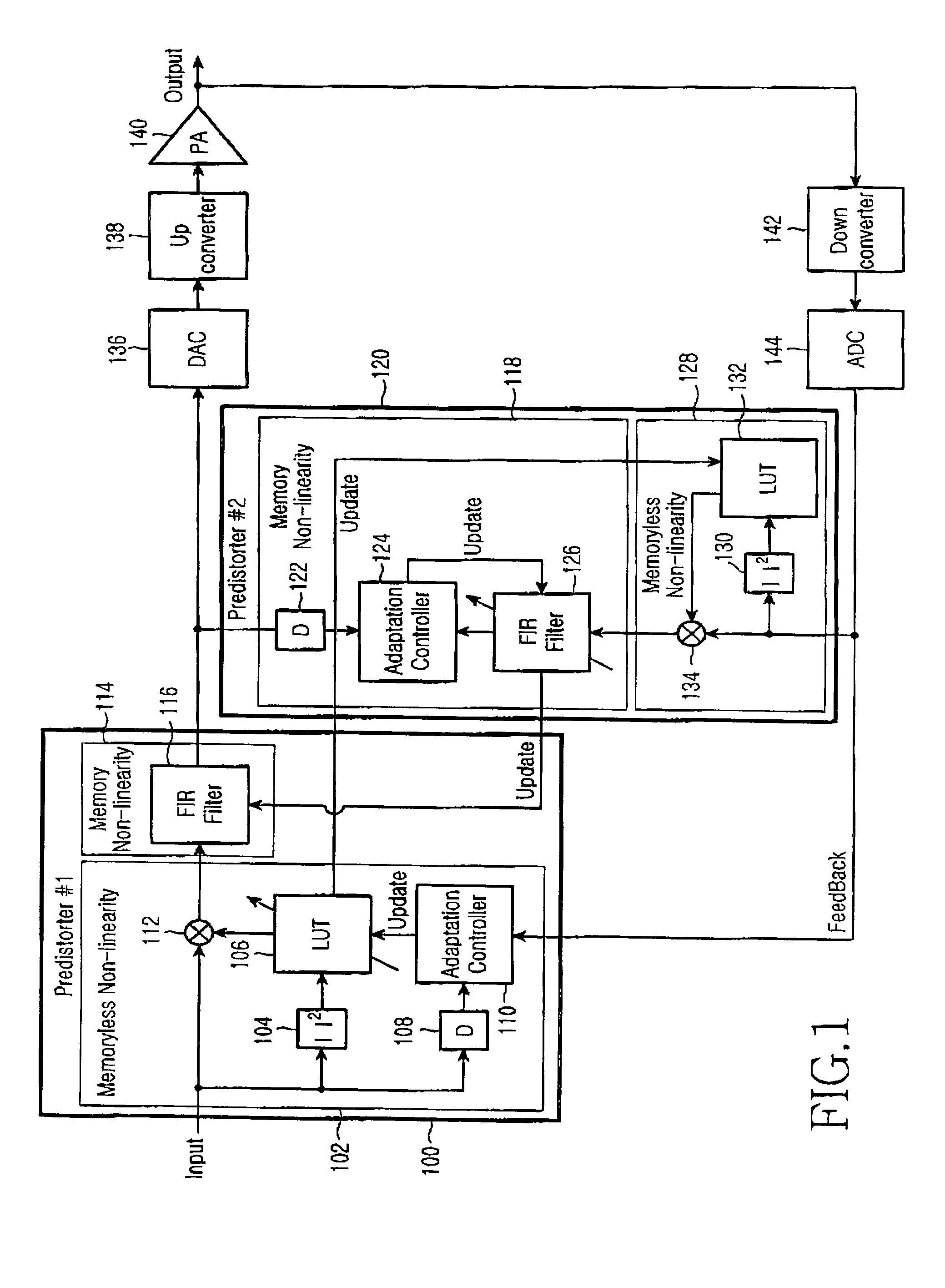 Digital predistorter for a wideband power amplifier and adaptation method