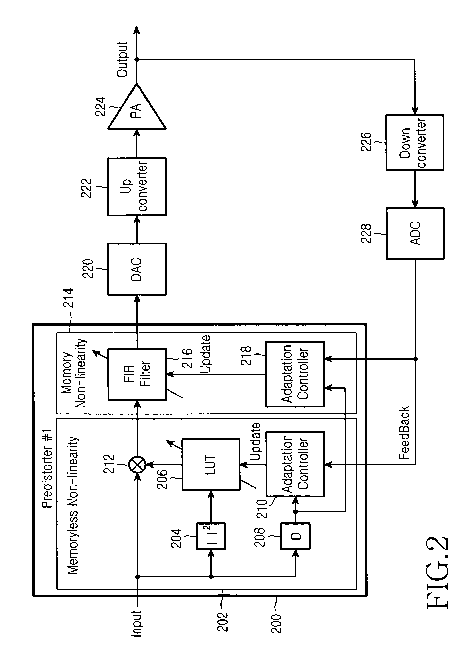 Digital predistorter for a wideband power amplifier and adaptation method