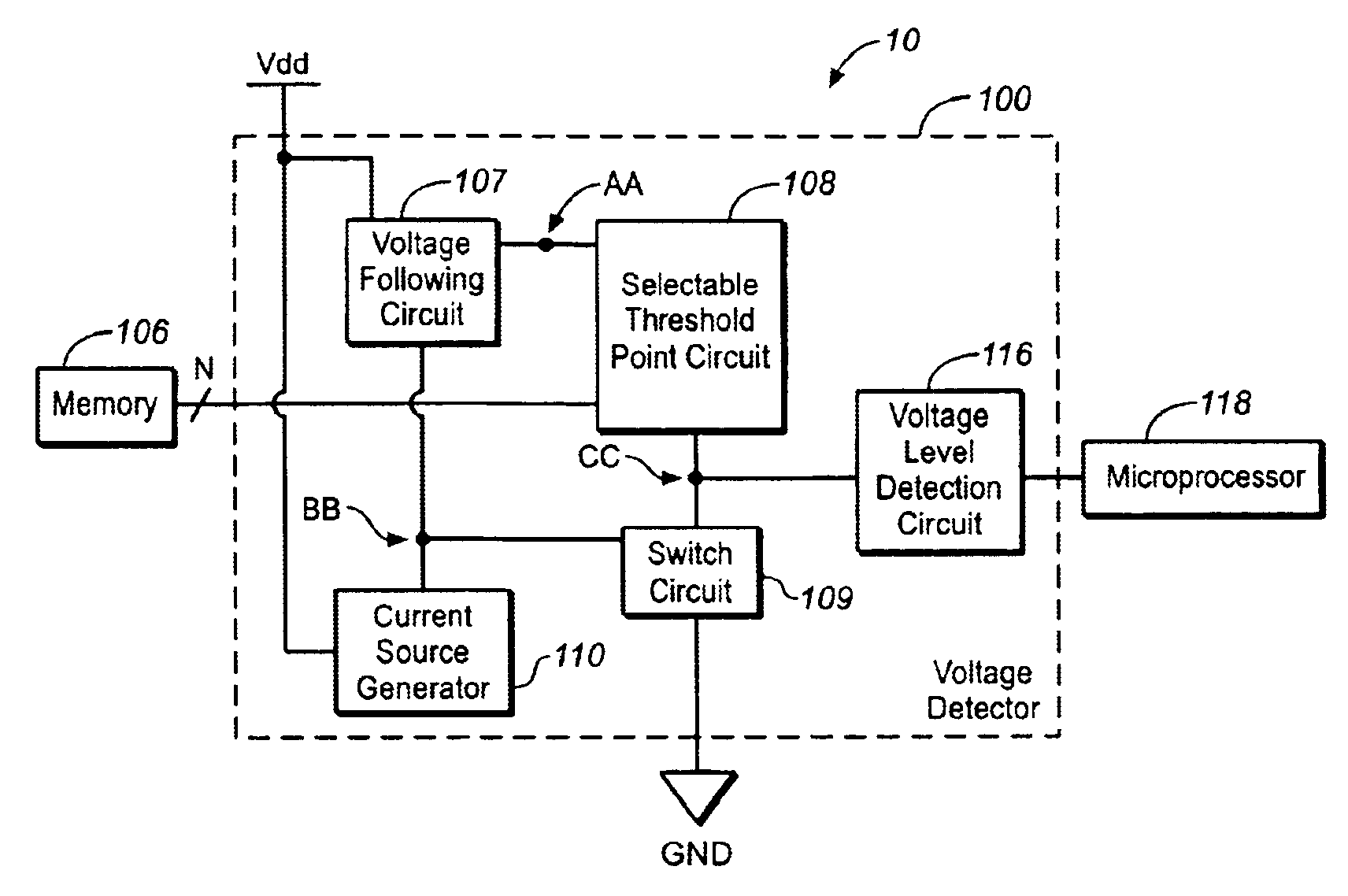 Voltage detector circuit with a programmable threshold point