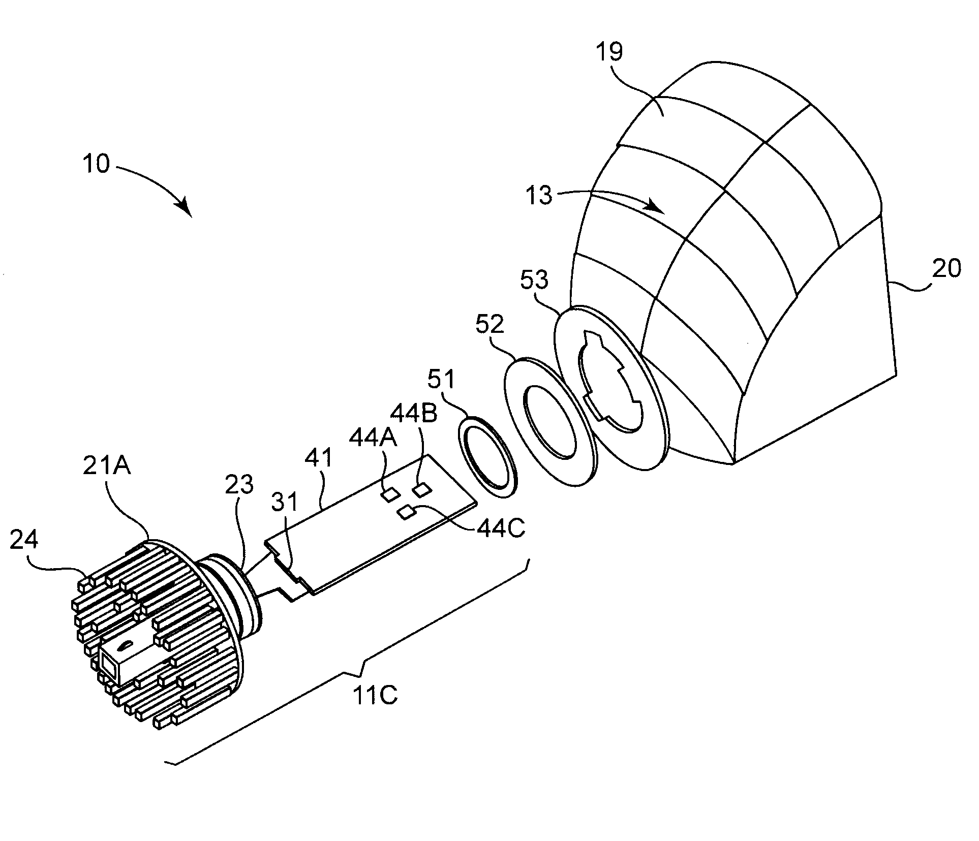 Rear-loaded light emitting diode module for automotive rear combination lamps