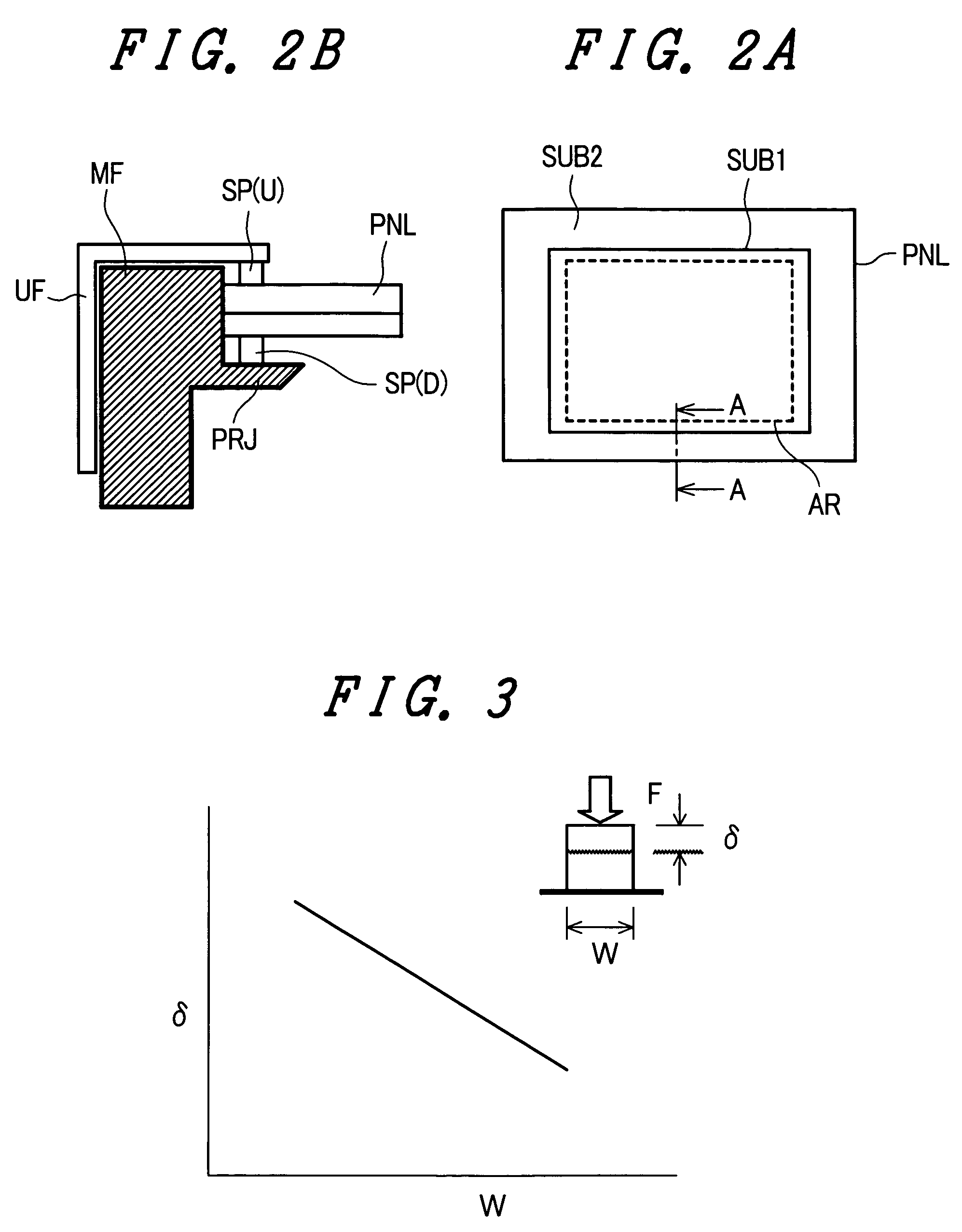 Display device with elastic spacers having varying widths and hardness