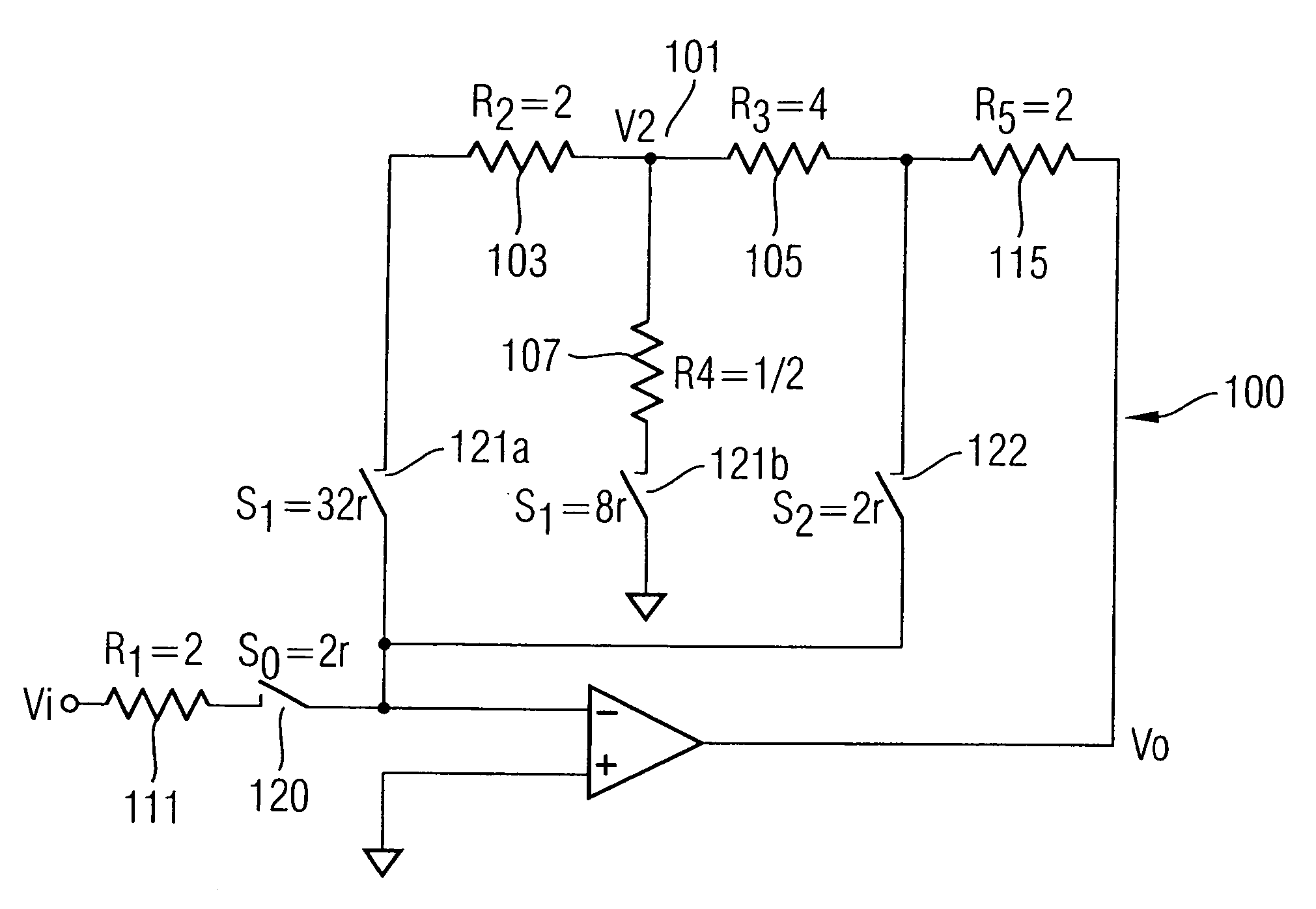 Resistor and switch-minimized variable analog gain circuit