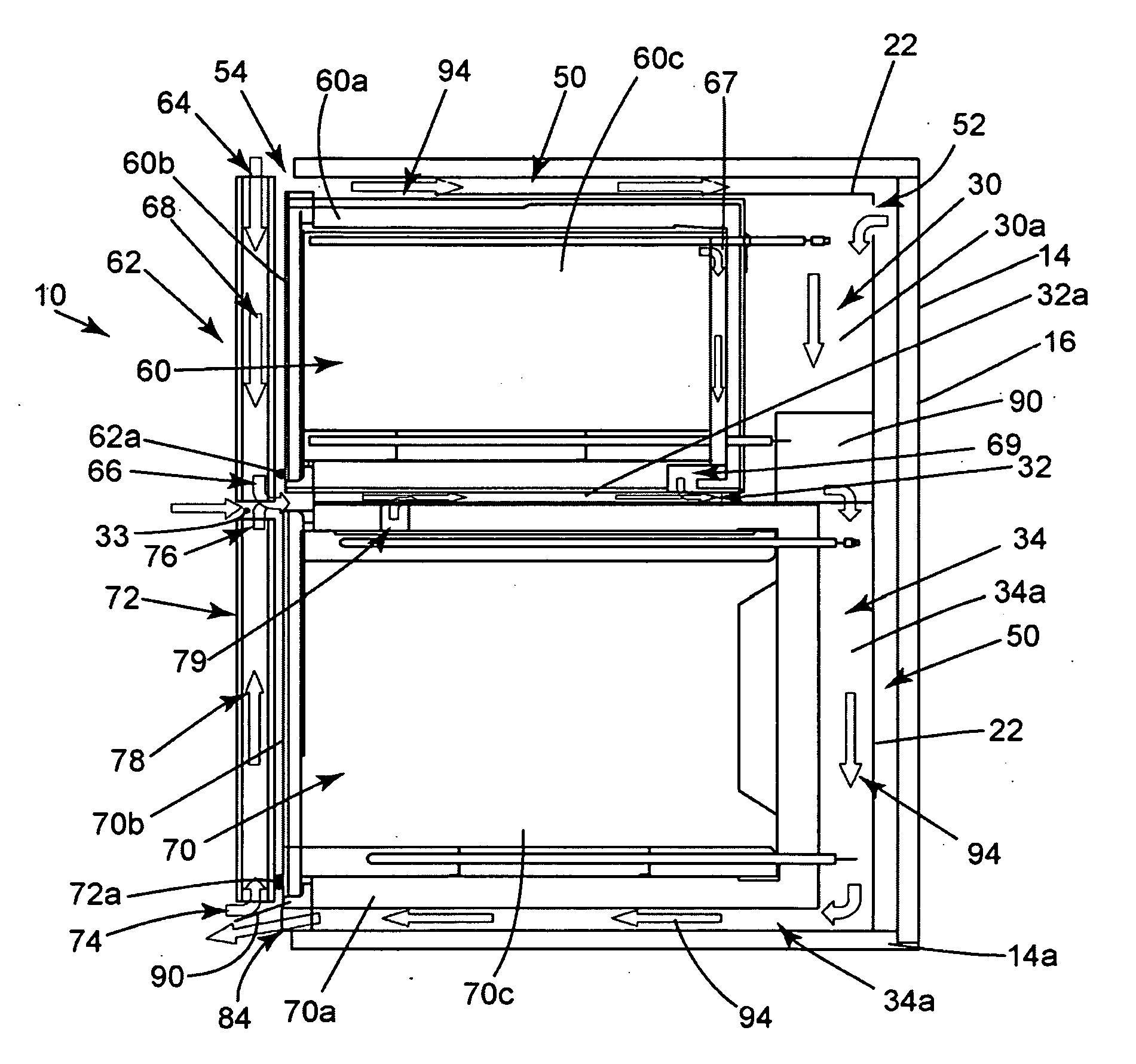 Appliance with a vacuum-based reverse airflow cooling system using one fan