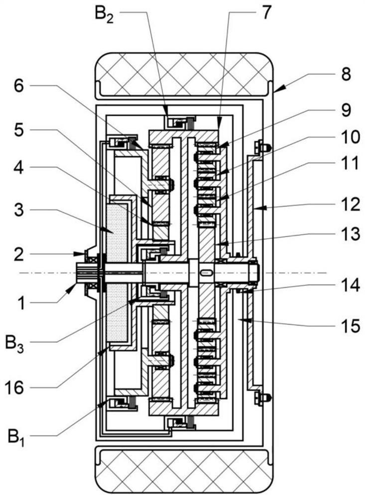 Three-gear variable-speed hub motor power assembly with large torque