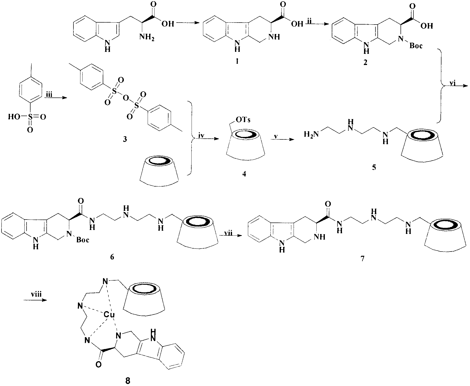 Tetrahydro-beta-carbolinyl-3- formyl-diethylenetriamino-beta-cyclodextrin copper complex, and preparation, antithrombotic action and application thereof