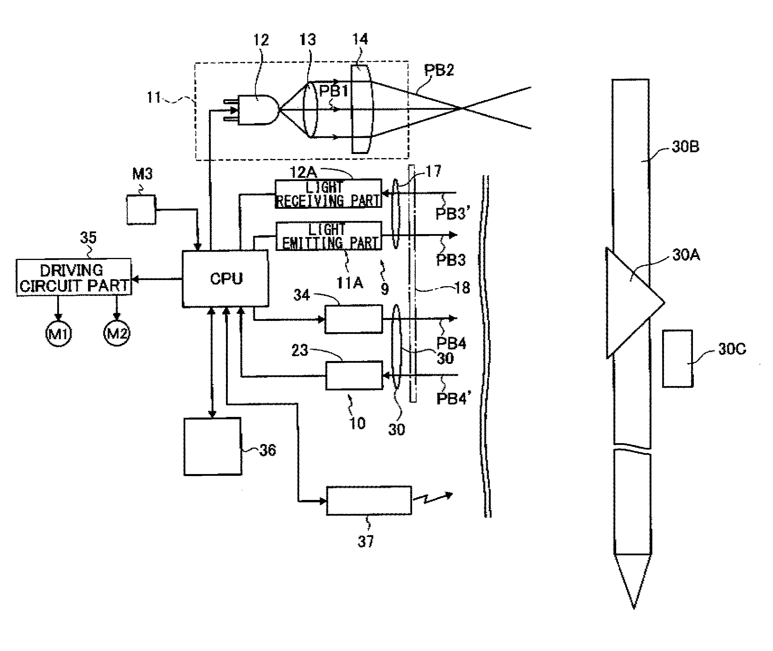 Guide light device, survey apparatus having the guide light device, survey system using the survey apparatus, survey pole used in the survey system, and mobile wireless transceiver used in the survey system