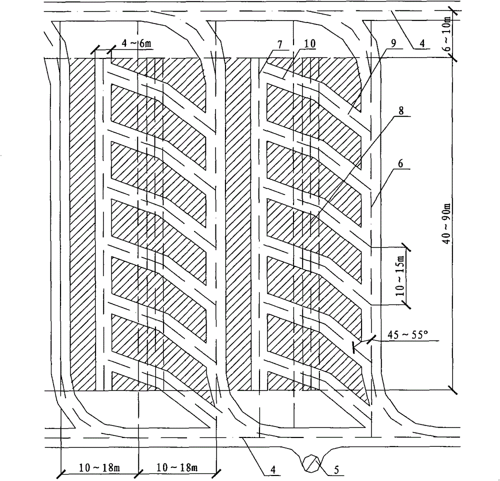 Stope bottom structure suitable for underground two-step mining and production process thereof