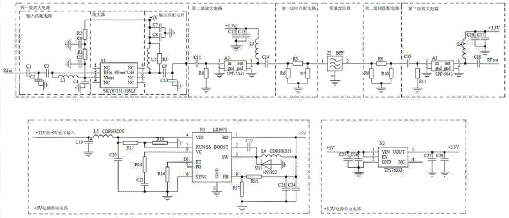 Broadband and low-noise radio frequency amplifier of satellite navigation aviation enhancing system and transmission device