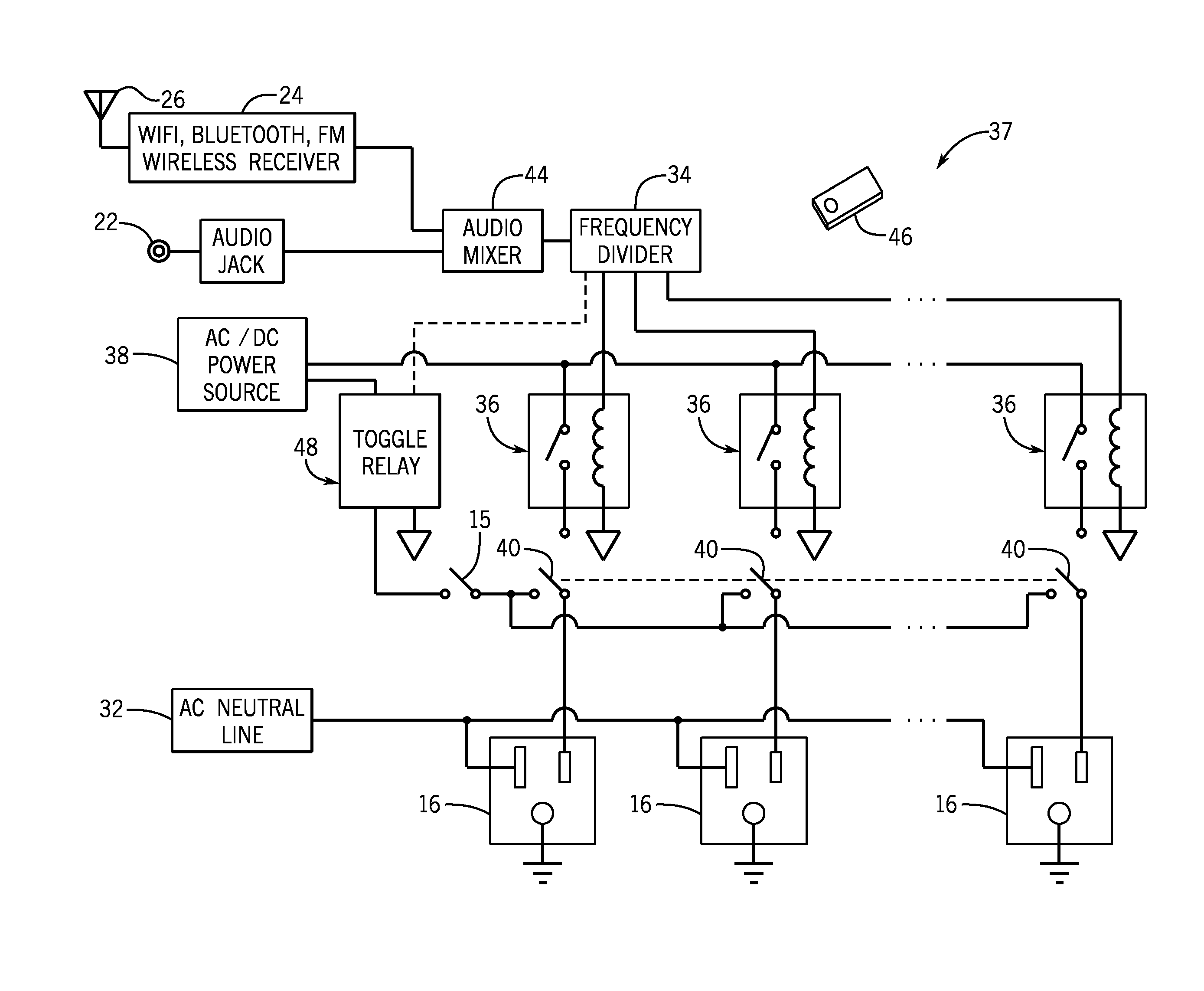 Audio signal control of electrical outlet strip