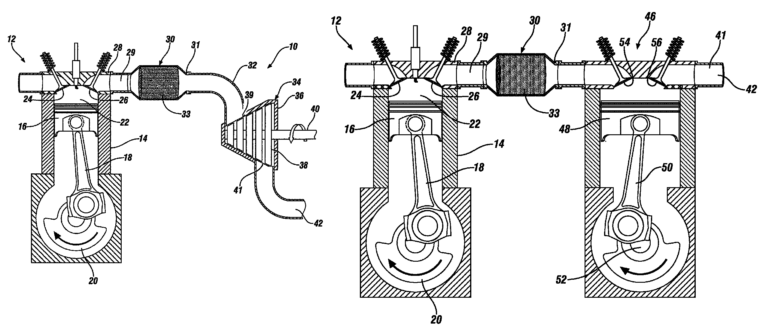 Internal combustion engine with emission treatment interposed between two expansion phases