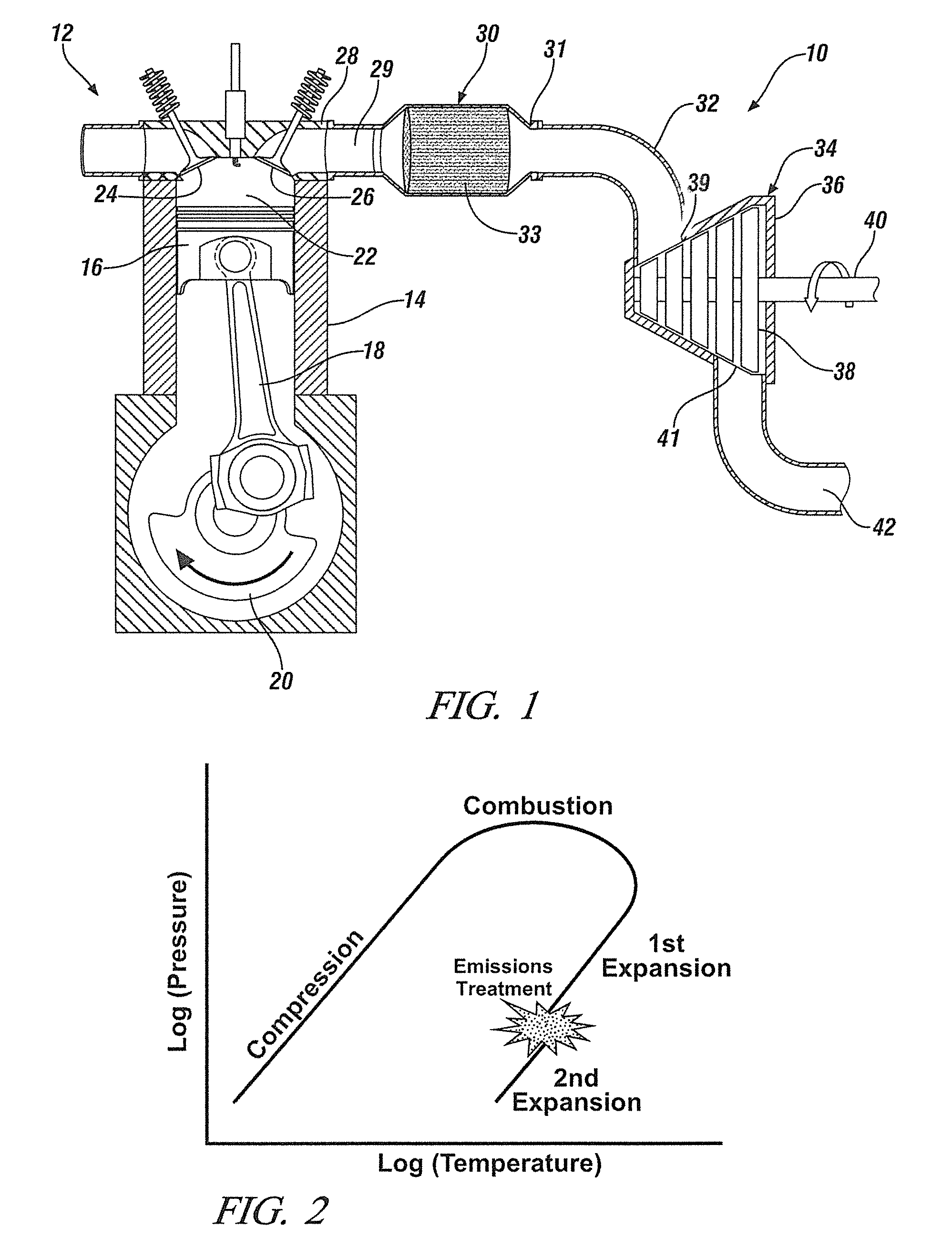 Internal combustion engine with emission treatment interposed between two expansion phases