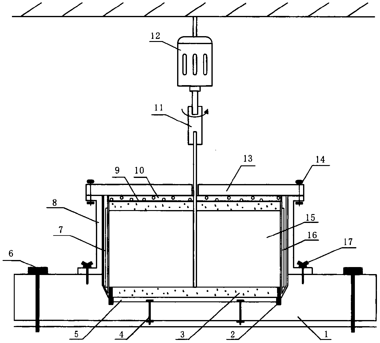 Layered rotary cutting test device and test method for adhesion near interface with volume change being restrained