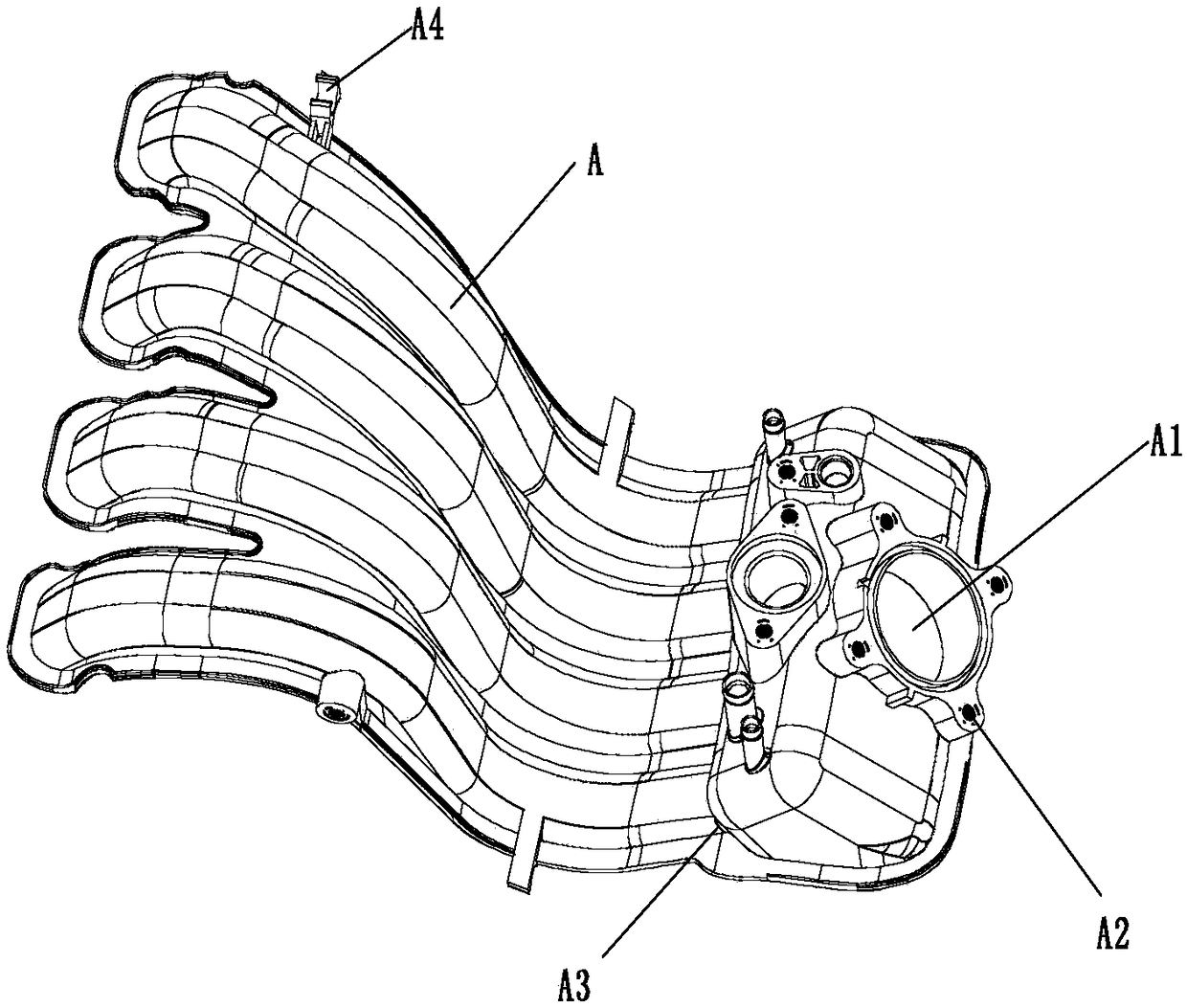 Injection molding mold for plastic manifold for engine air intake system of miniature car