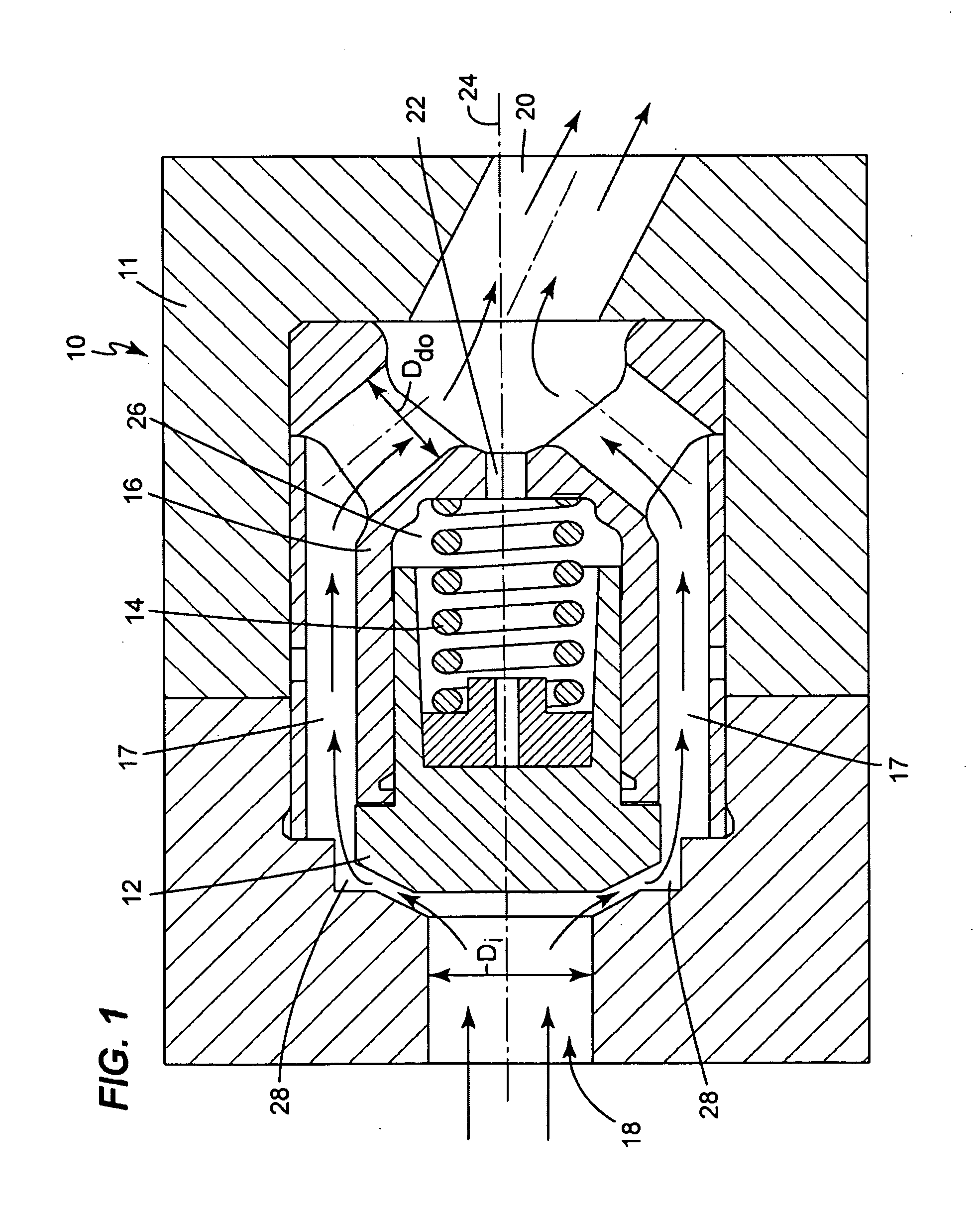 Poppet valve with sloped purge holes and method for reducing a pressure force therein