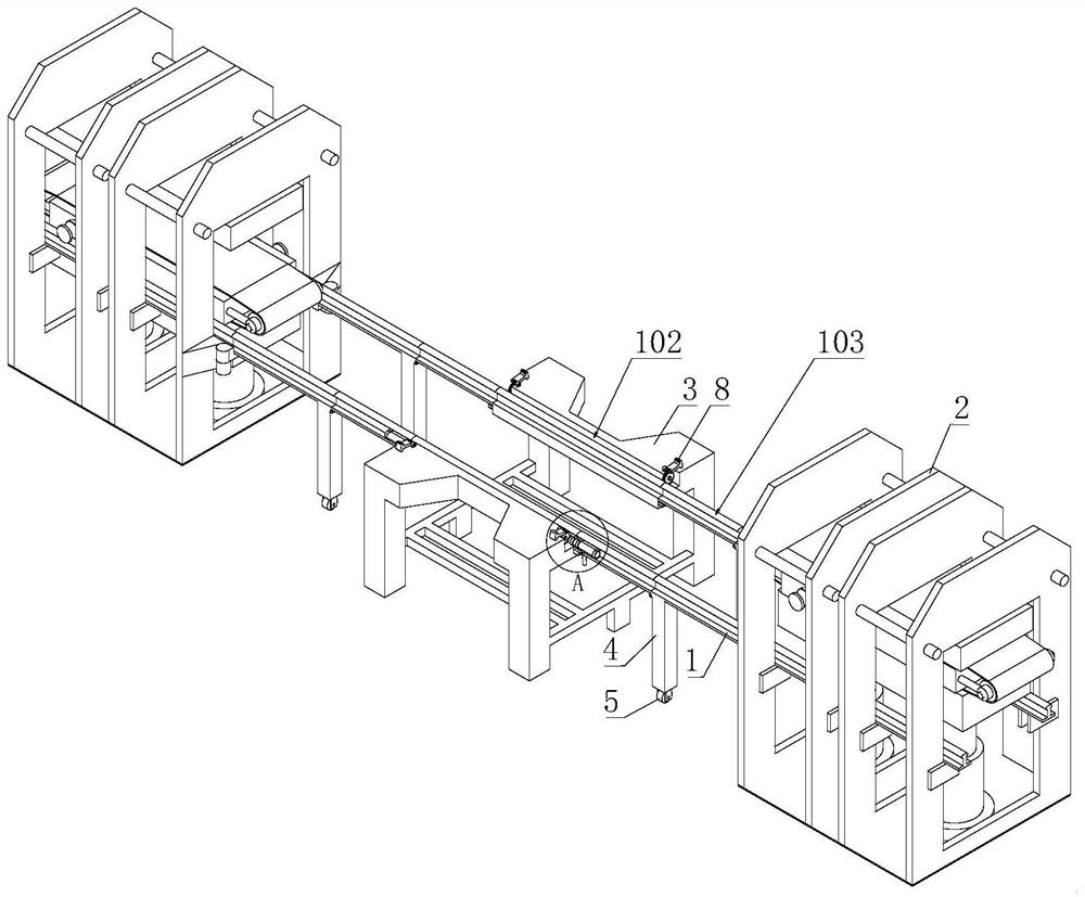 Middle stop guide rail system for rubber track vulcanization processing technology and vulcanization processing system