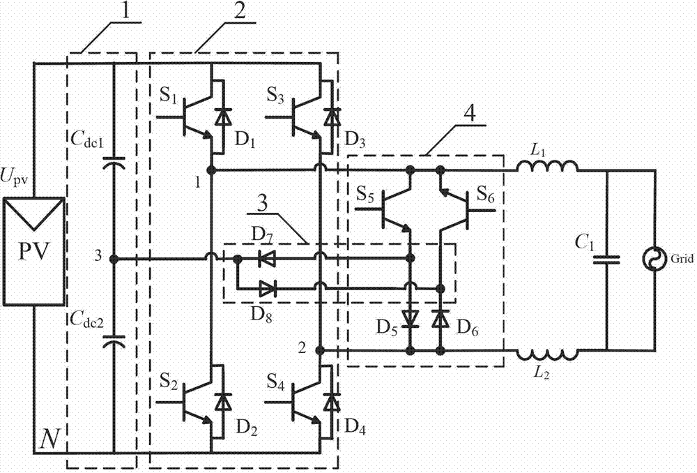 Non-isolated single-phase photovoltaic grid-connected inverter and on-off control timing sequence thereof